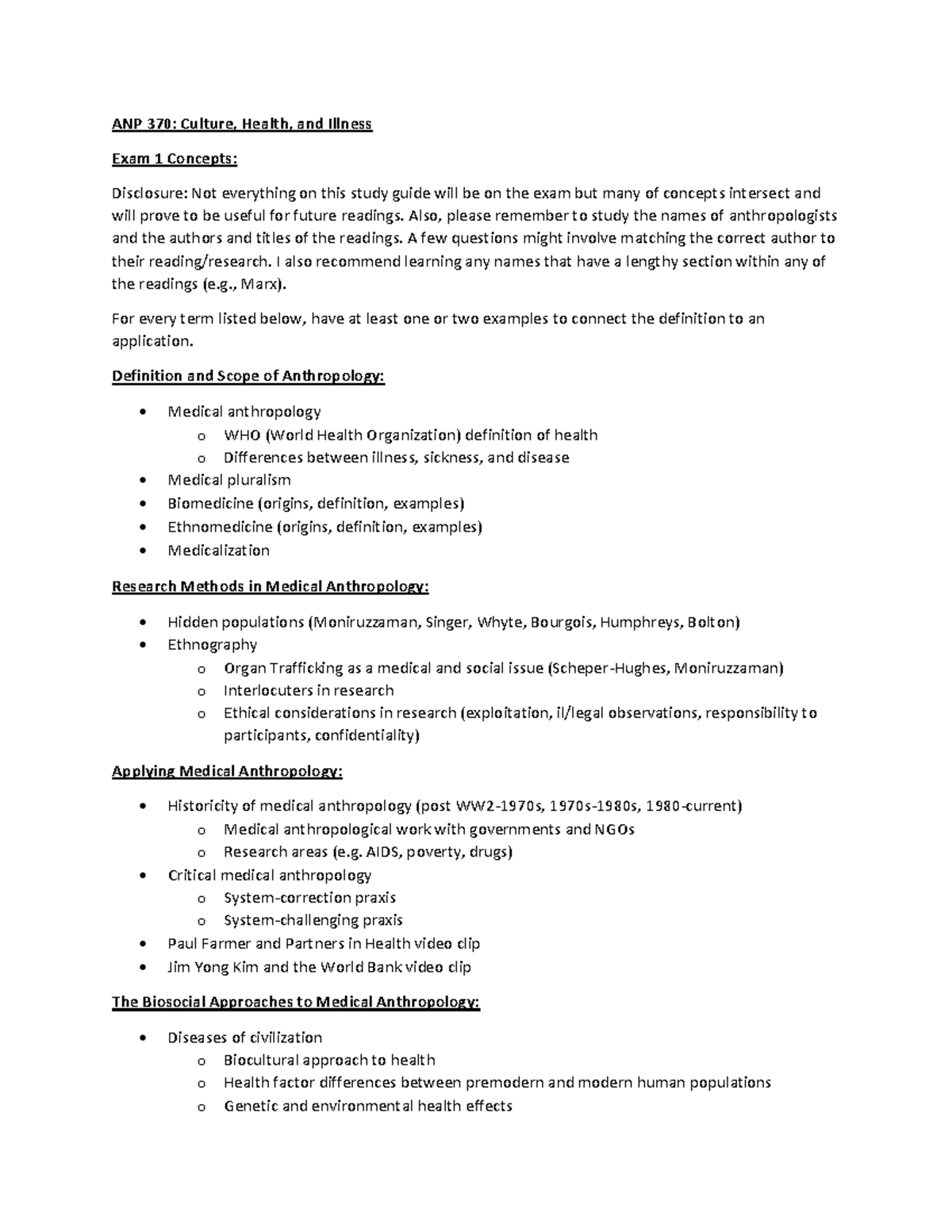 Exam 1 Study Guide - ANP 370: Culture, Health, and Illness Exam 1 ...