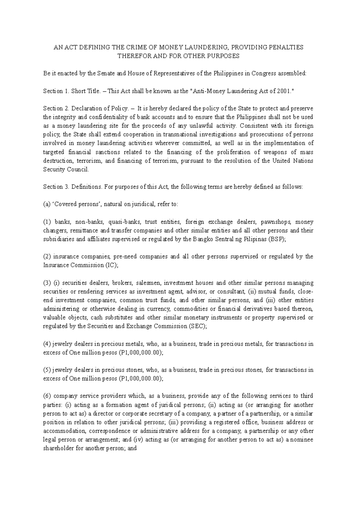 Anti-Money Laundering Act As Amended - AN ACT DEFINING THE CRIME OF ...