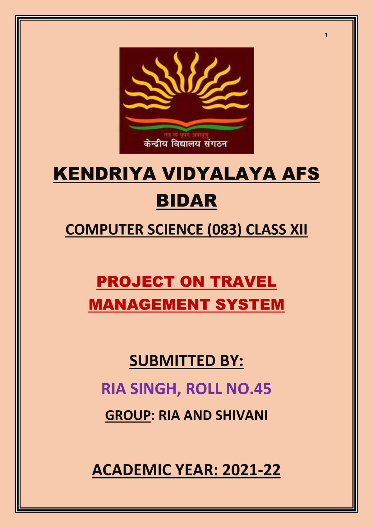 Project Synopsis RIA - KENDRIYA VIDYALAYA AFS BIDAR COMPUTER SCIENCE ...