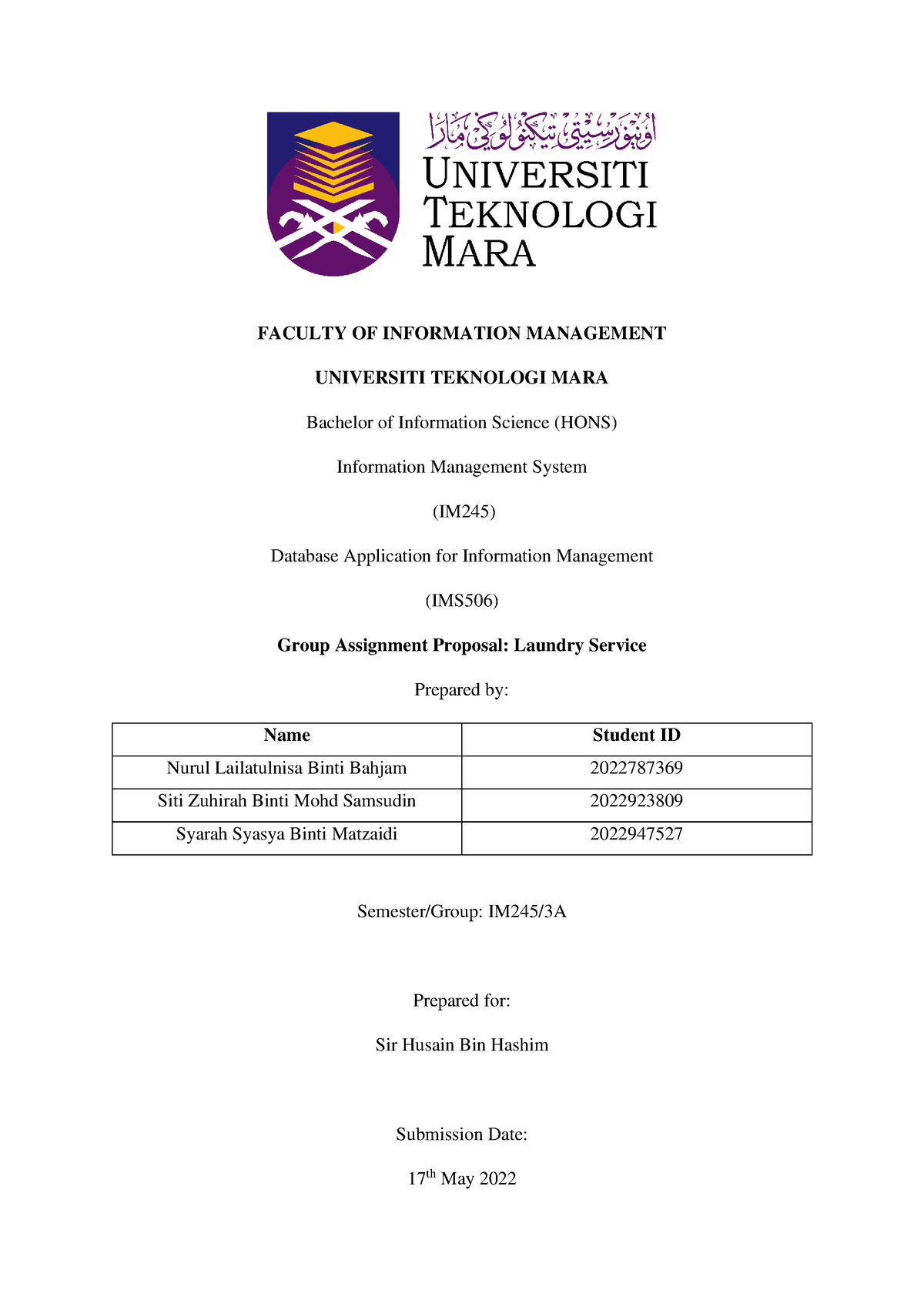 IMS506 Laundry Service Proposal - FACULTY OF INFORMATION MANAGEMENT ...