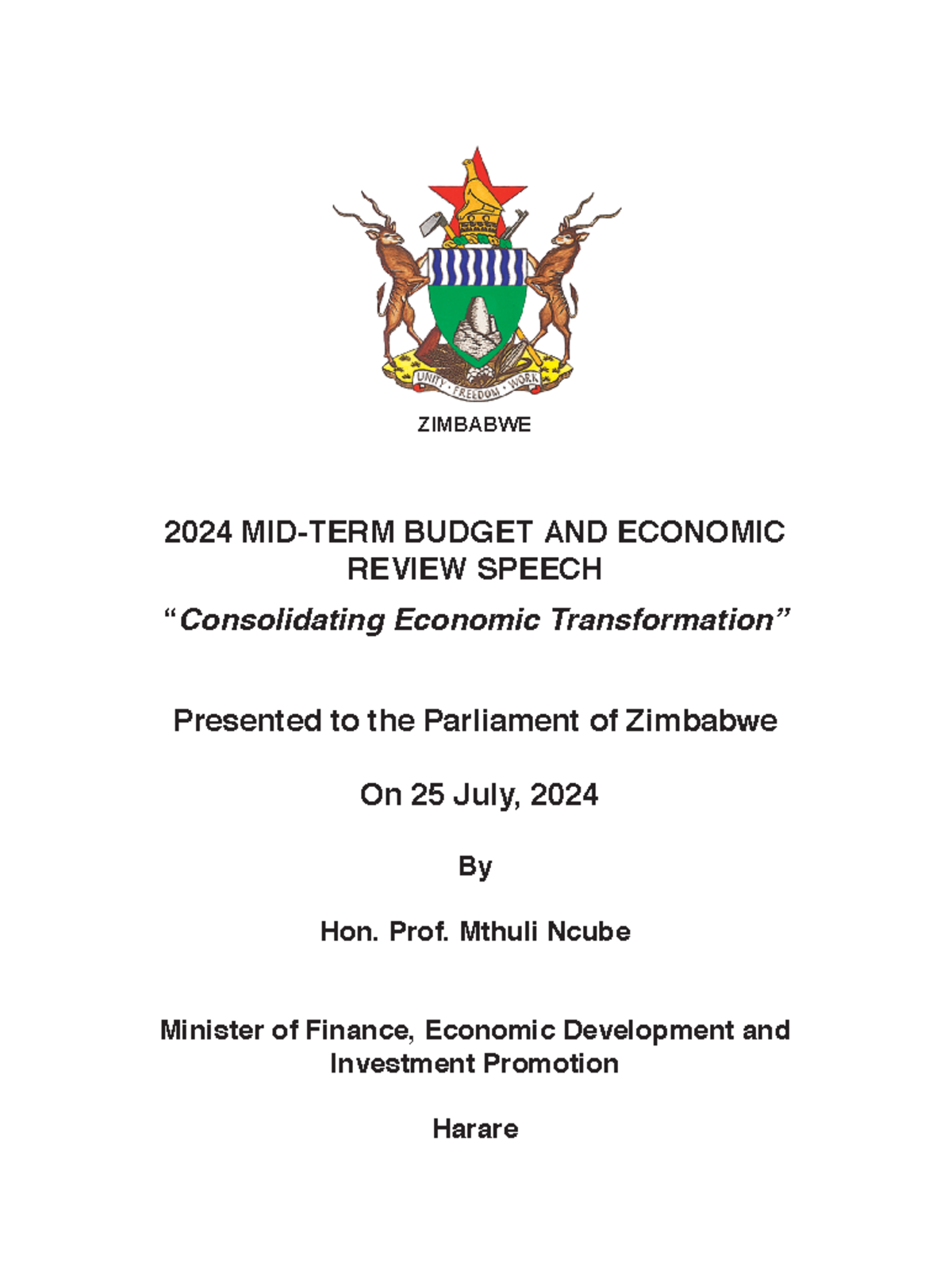 2024 Mid Year Budget Speech Prof. M. Ncube - ZIMBABWE 2024 MID-TERM