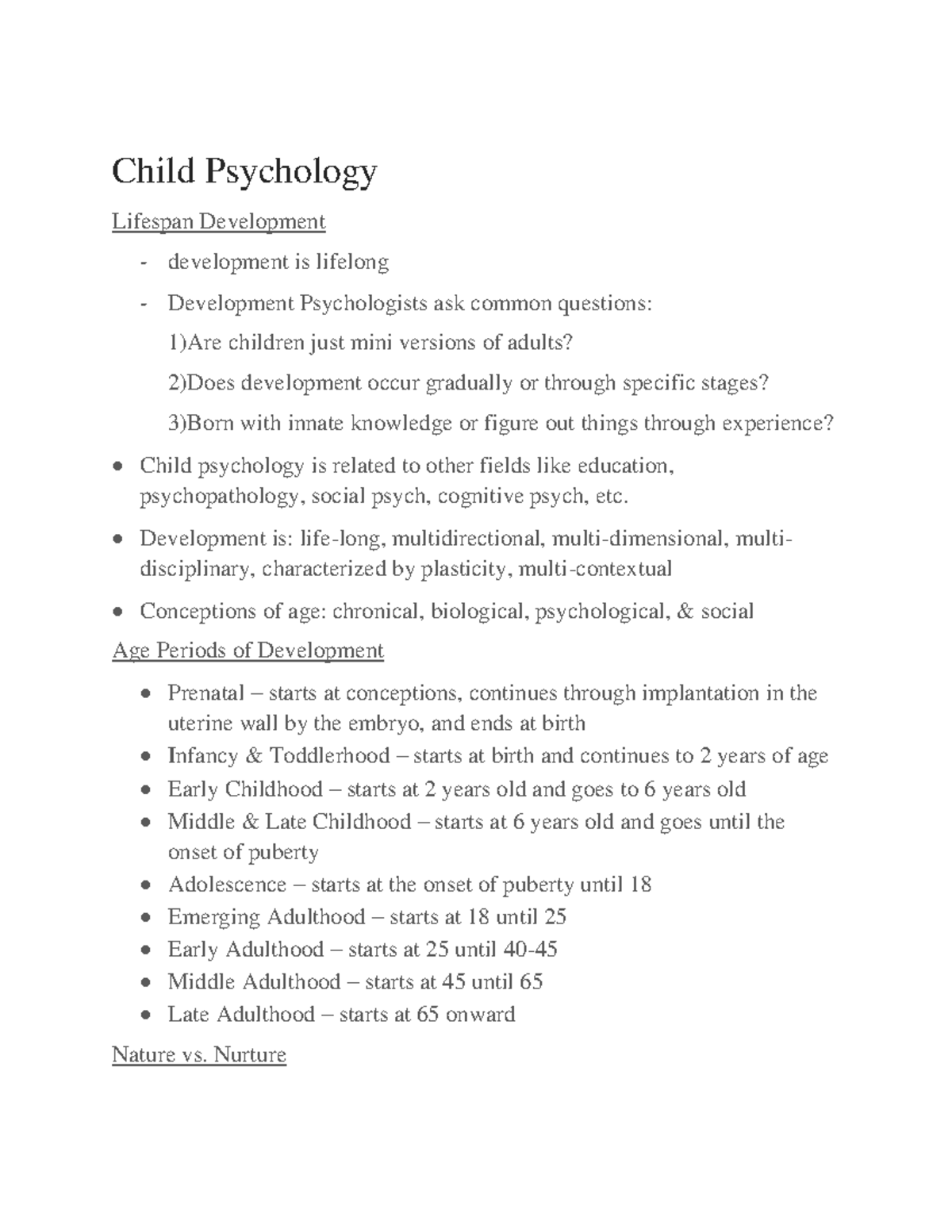 Child Psych Notes 1 - Child Psychology Lifespan Development ...