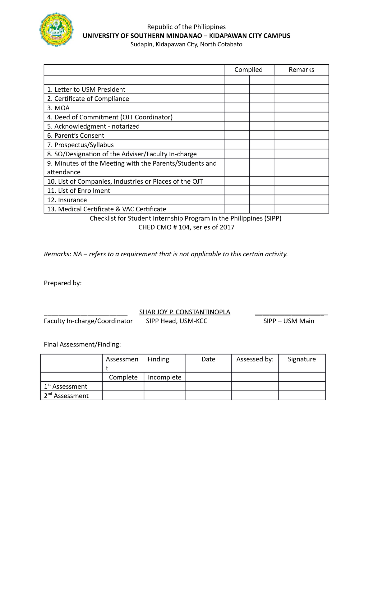 Sipp-checklist-1 - Thank You - Republic Of The Philippines University 