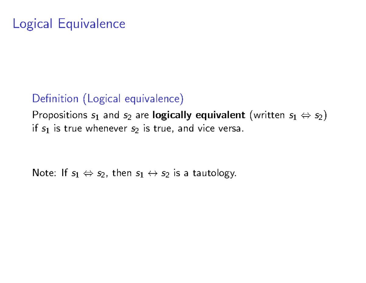 Slides 1 Logical Equivalence Definition (Logical equivalence