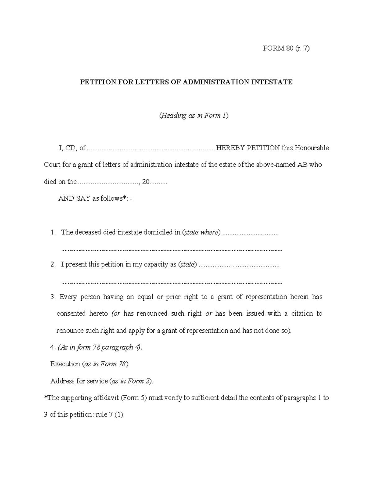 FORM 80- Petition FOR Letters OF Administration Intestate 2 - FORM 80 ...