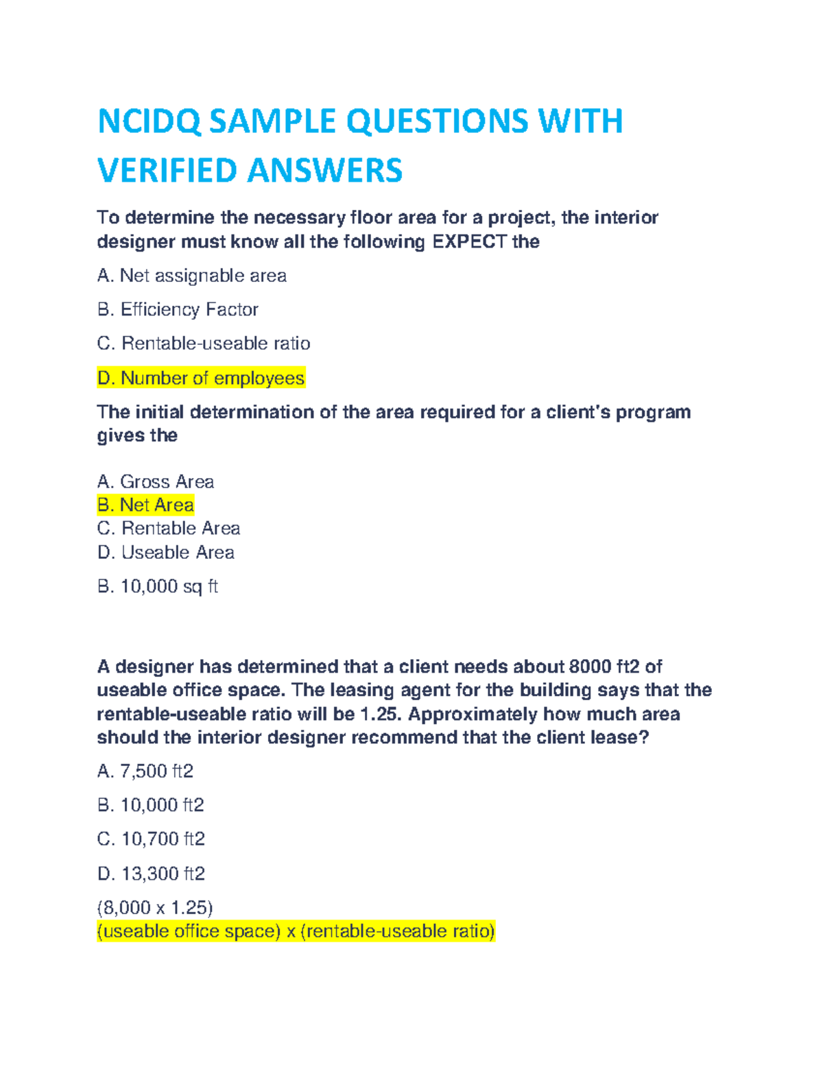 Ncidq Sample Questions WITH Verified Answers - NCIDQ SAMPLE QUESTIONS ...