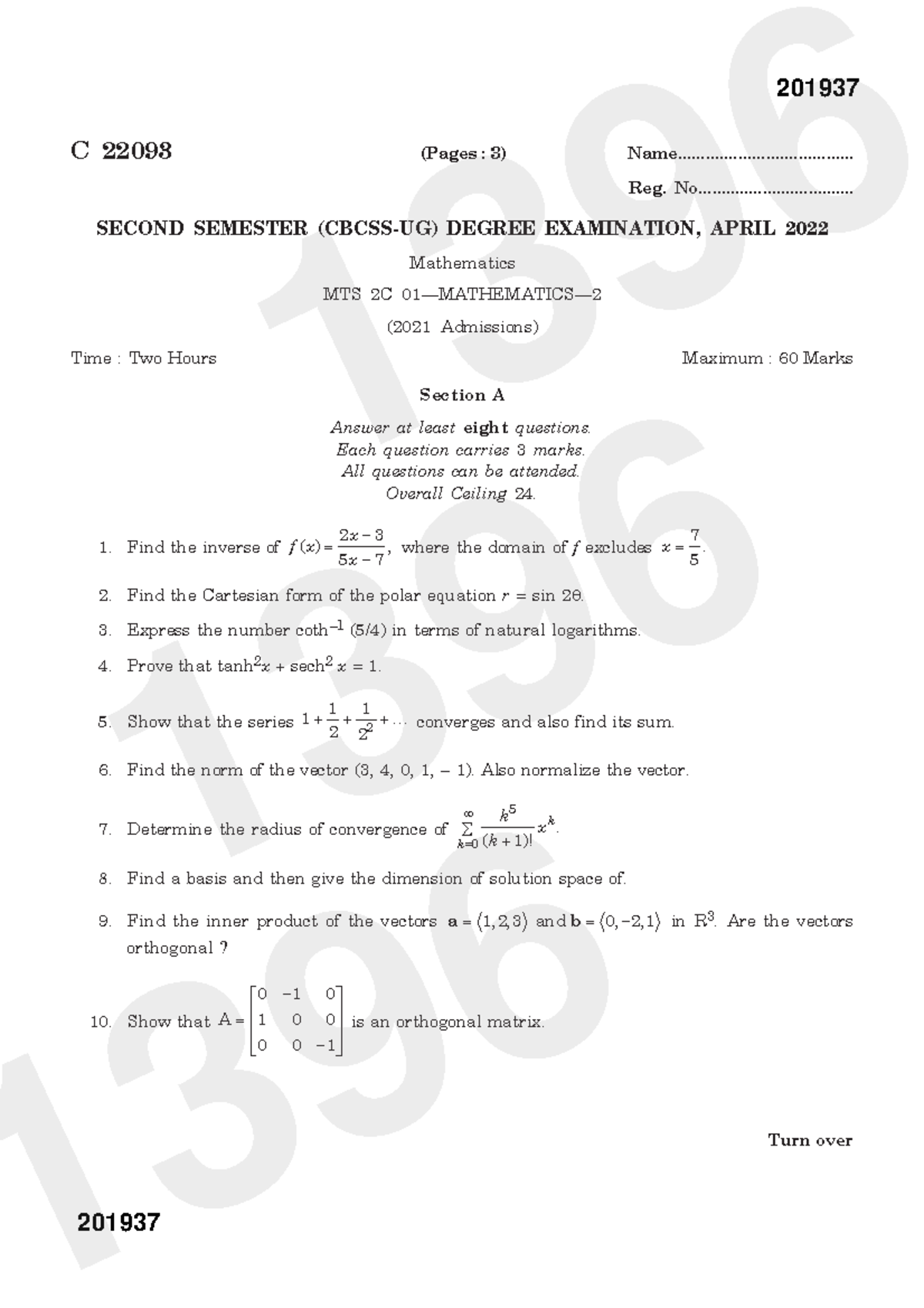 2022 MTS 2C 01 22093 Mathematics-2 - Turn over C 22093 (Pages : 3 ...