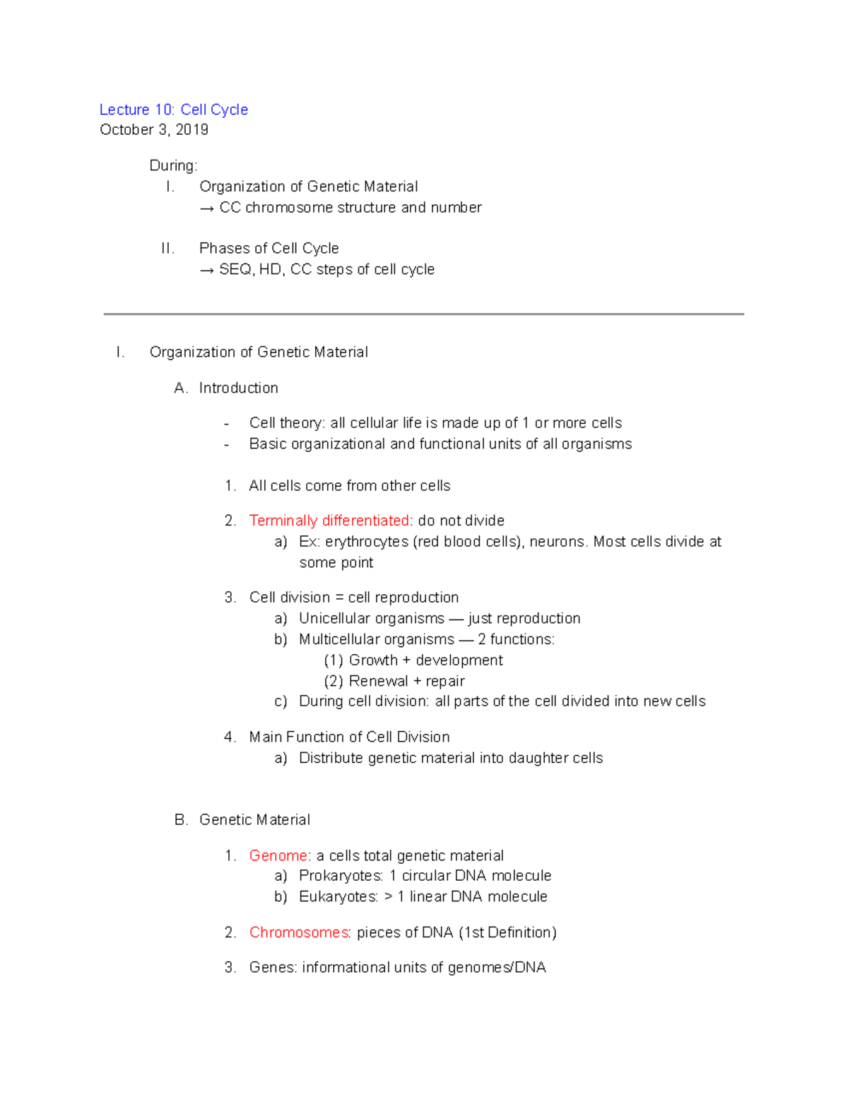 Cell Cycle - Lecture notes 10 - Lecture 10: Cell Cycle October 3, 2019 ...