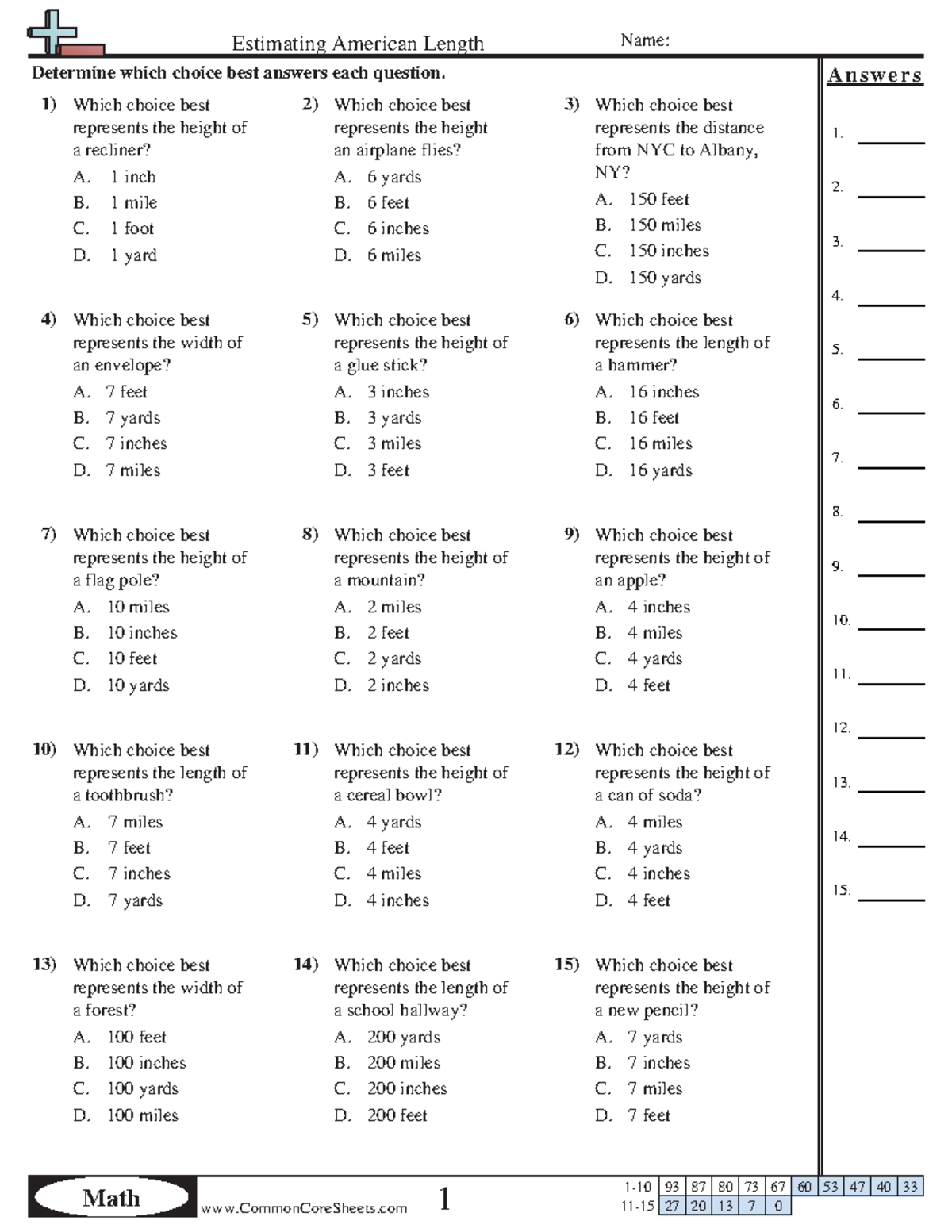 Estimating American Length - Math CommonCoreSheets Name: A n s w e r s ...