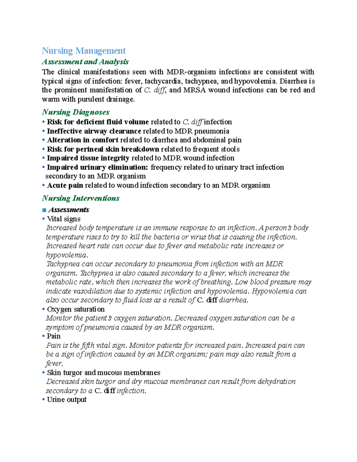 MDR Nursing Management Nursing Management Assessment and Analysis The