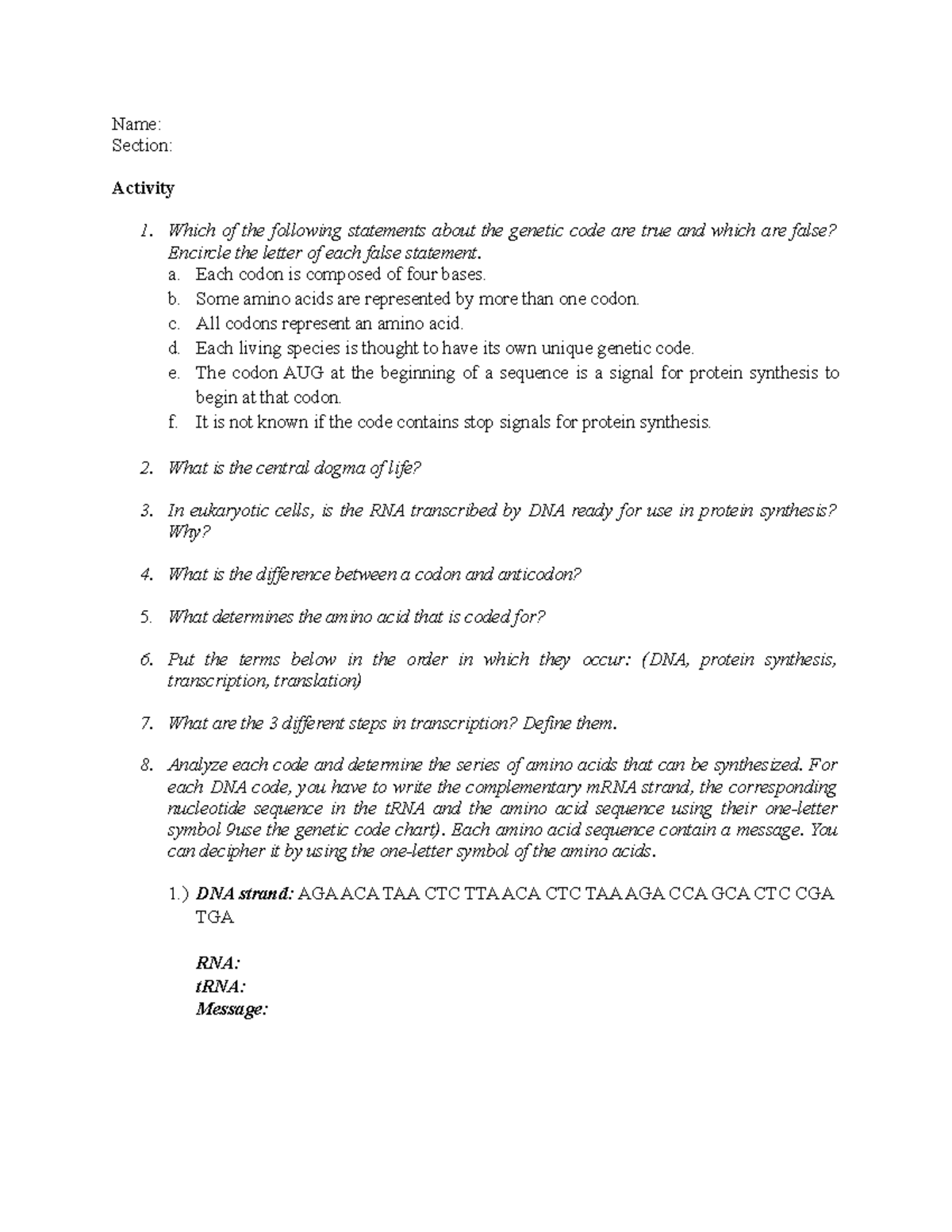 Protein-Synthesis-Activity - Name: Section: Activity Which of the ...