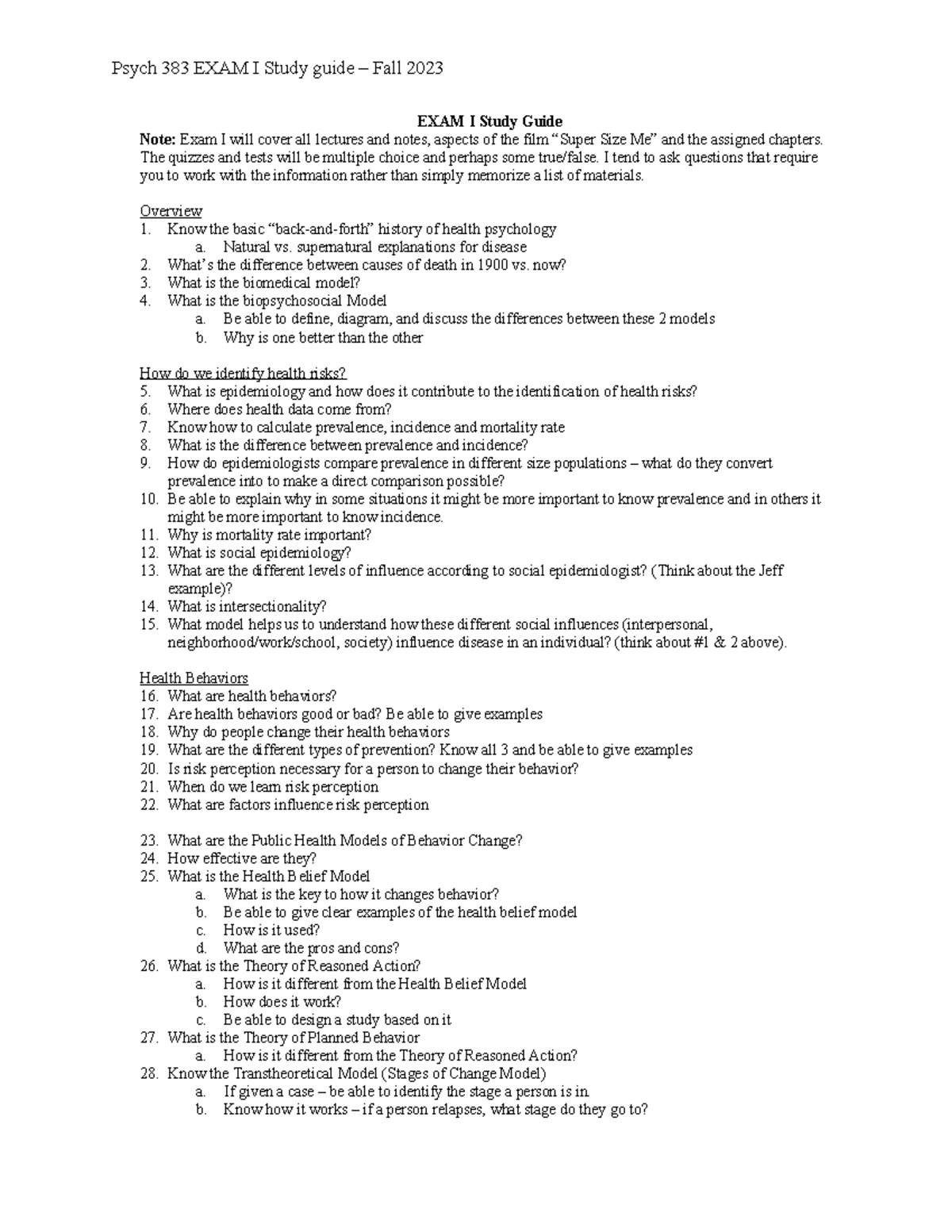 Exam 1 Study Guide - Full - Psych 383 EXAM I Study guide – Fall 2023 ...
