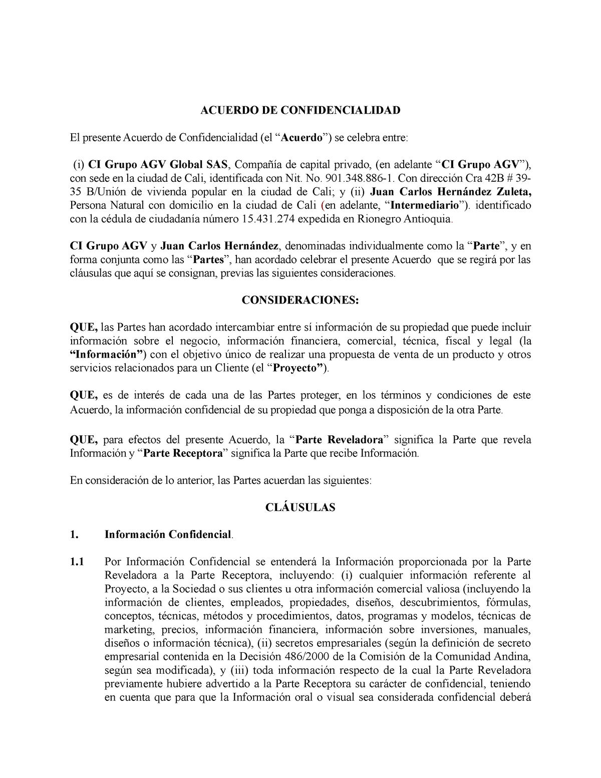 Acuerdo De Confidencialidad - No. 901.348-1. Con Dirección Cra 42B # 39 ...