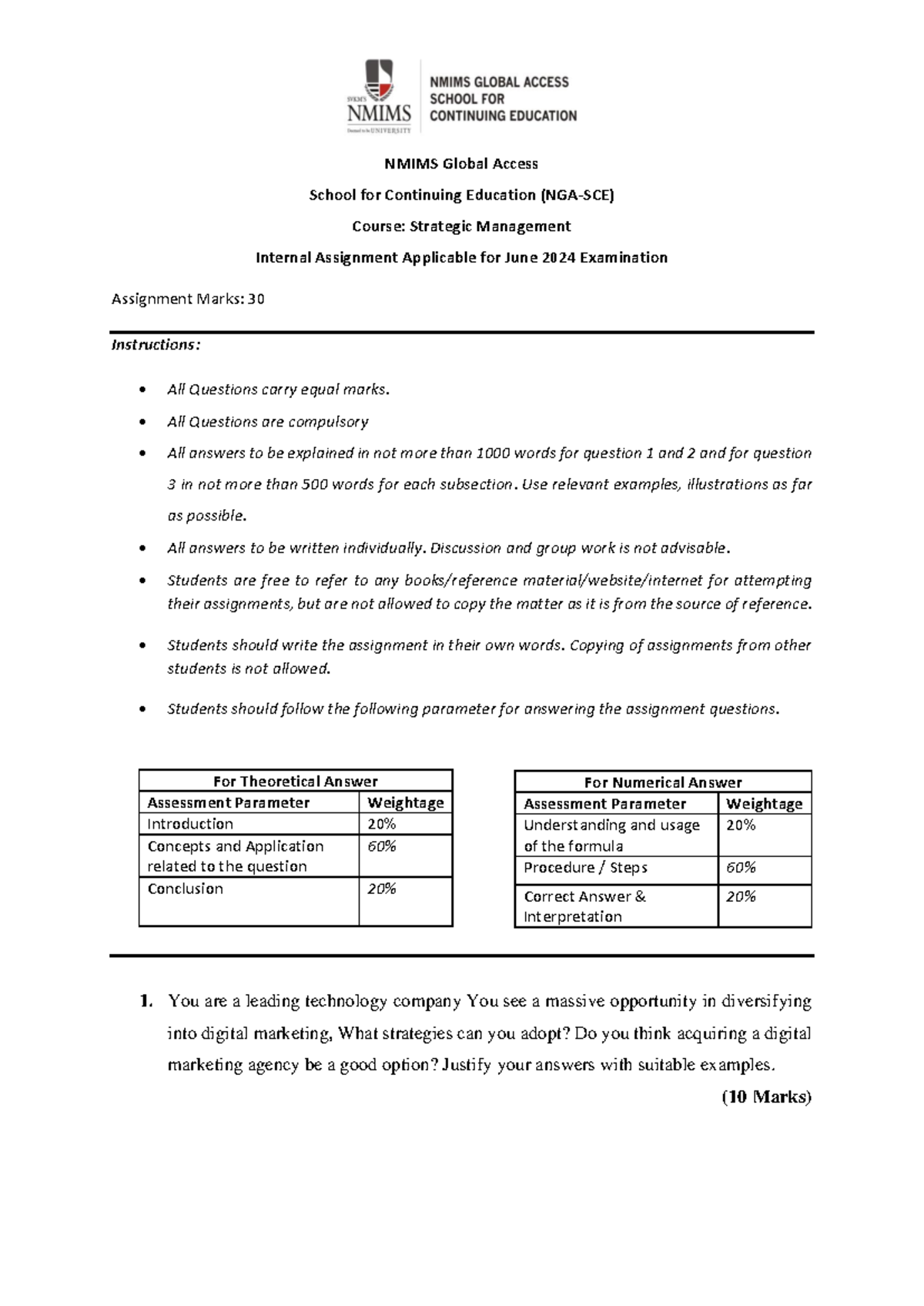 Strategic Management PG QP JUNE 2024 PDF Yvu Q5q Zo74 - NMIMS Global ...