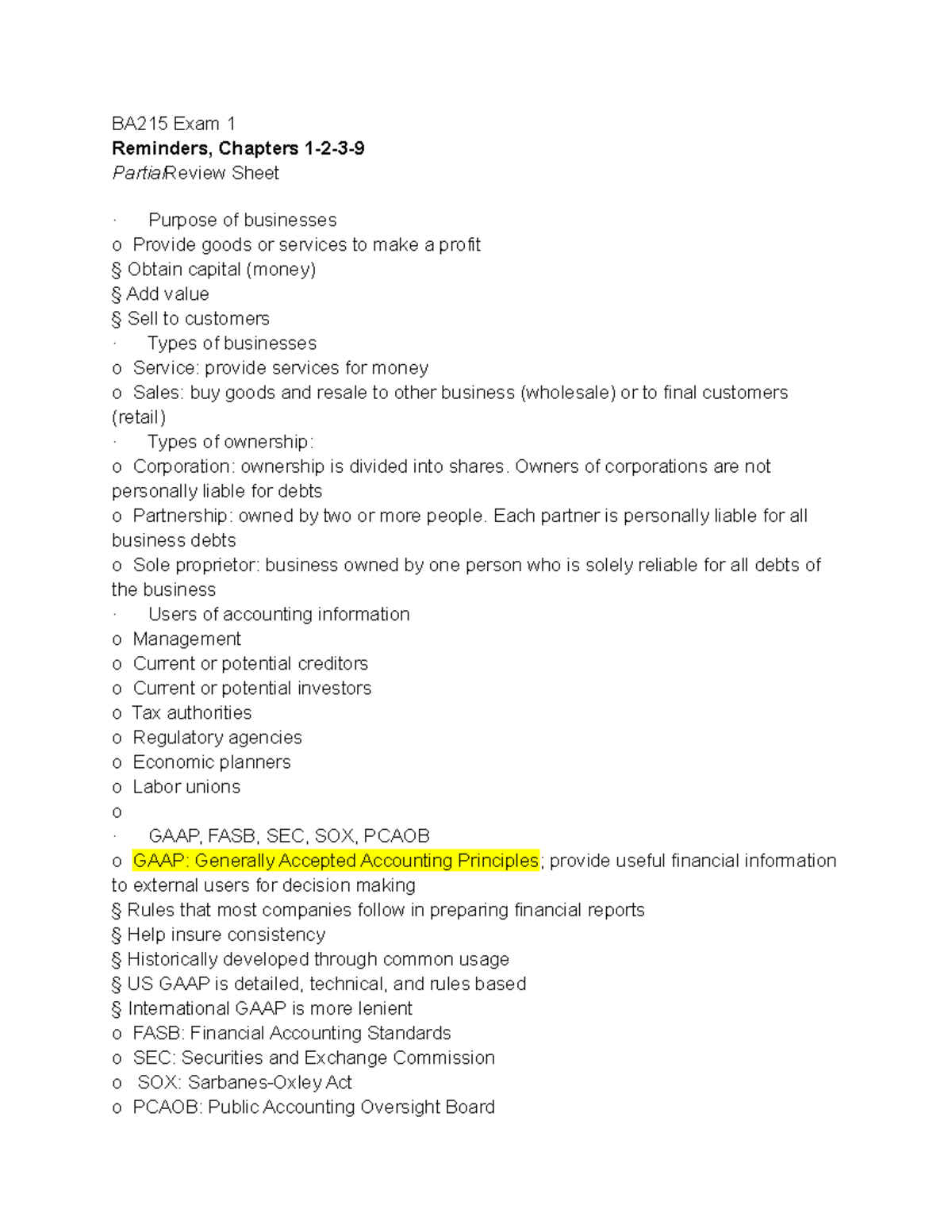BA315 Exam 1 Study Guide - BA215 Exam 1 Reminders, Chapters 1-2-3 ...