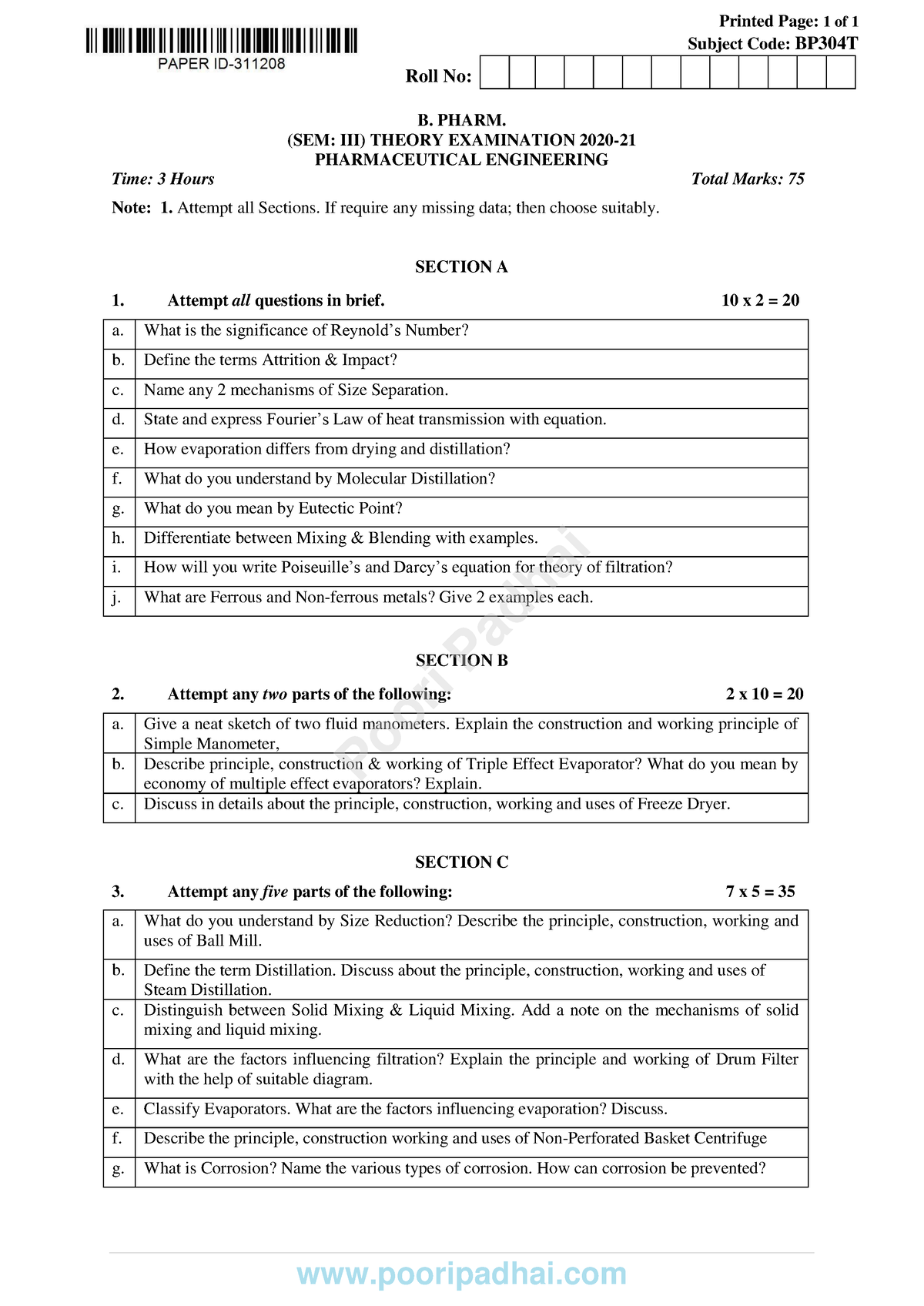 Pharmaceutical Engineering BP304T - Roll No: Printed Page: 1 Of 1 ...