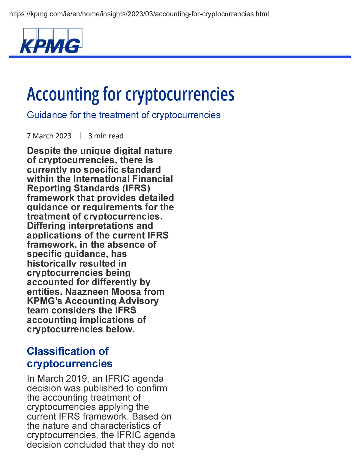 Accounting For Cryptocurrencies - IFRS Framework - KPMG Ireland - - Studocu