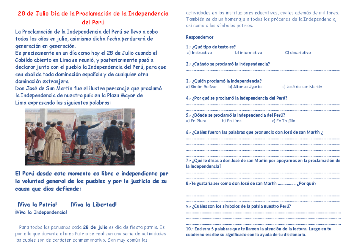 Ficha roclamación de la independencia del peru - 28 de Julio Día de la ...