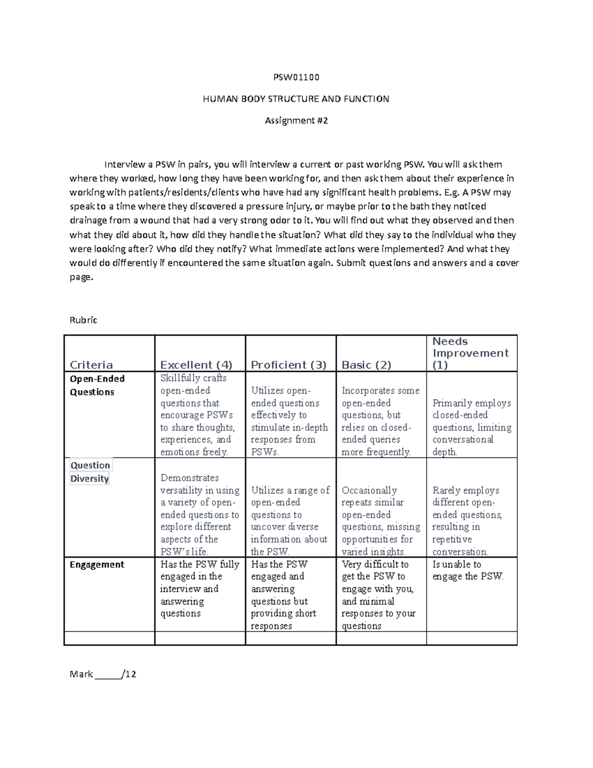 PSW Interview Rurbic - PSW HUMAN BODY STRUCTURE AND FUNCTION Assignment ...