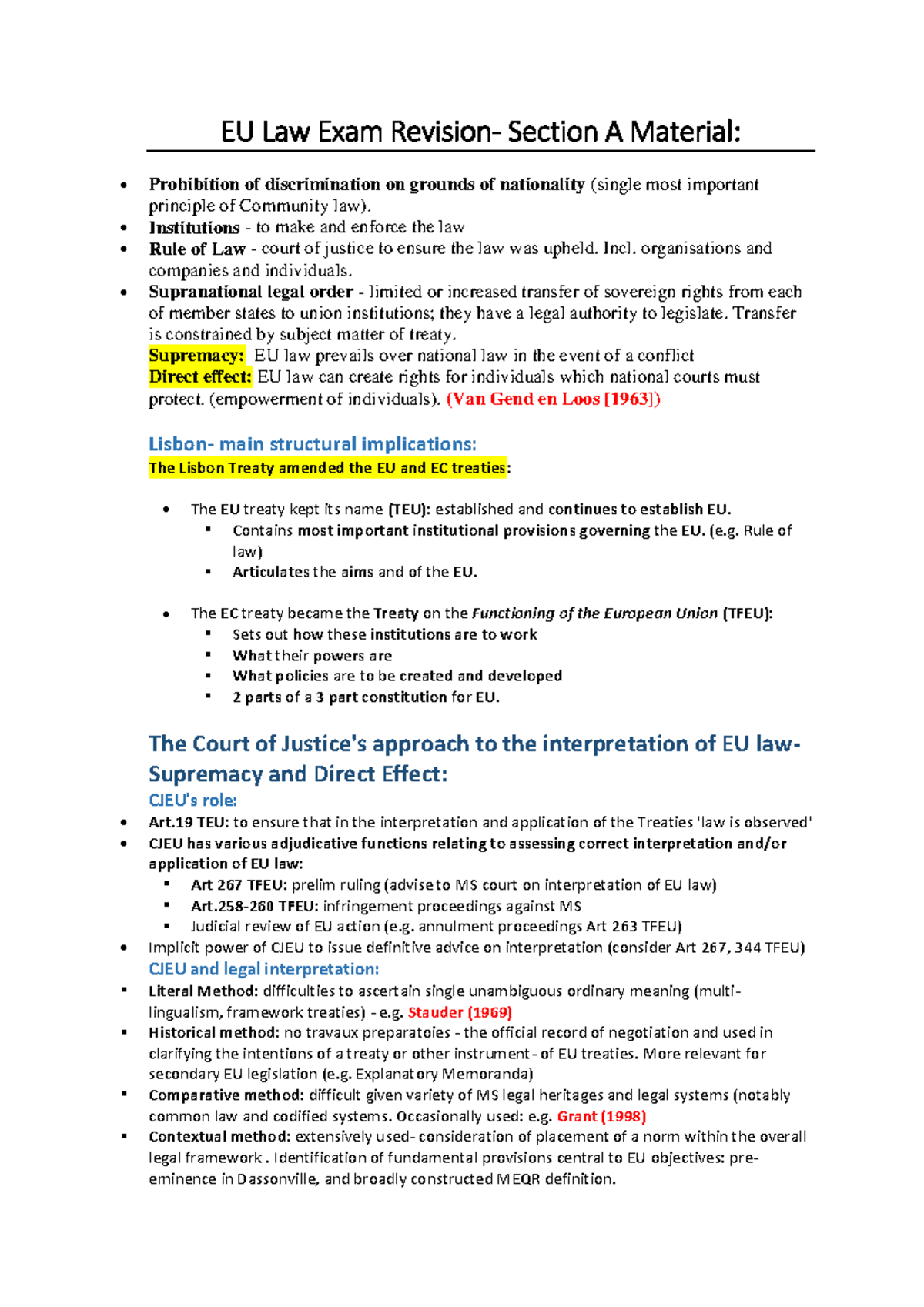 EU law revision pack - EU Law Exam Revision- Section A Material ...