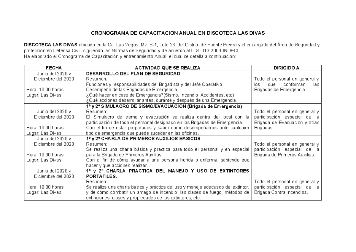 Cronograma De Capacitacion Anual En Discoteca Las Divas Cronograma De Capacitacion Anual En