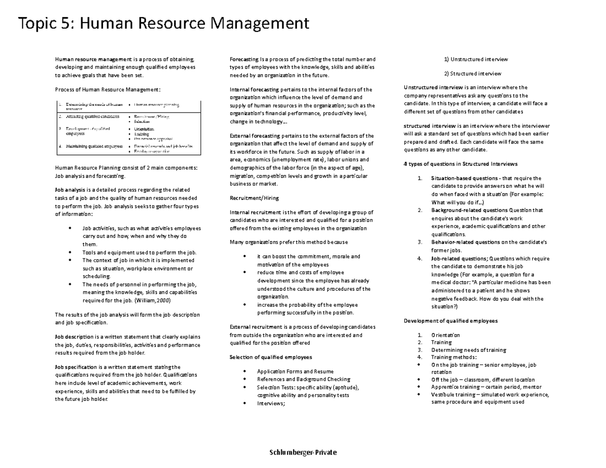 Short Note Topic 5 - Course work - Human resource management is a ...