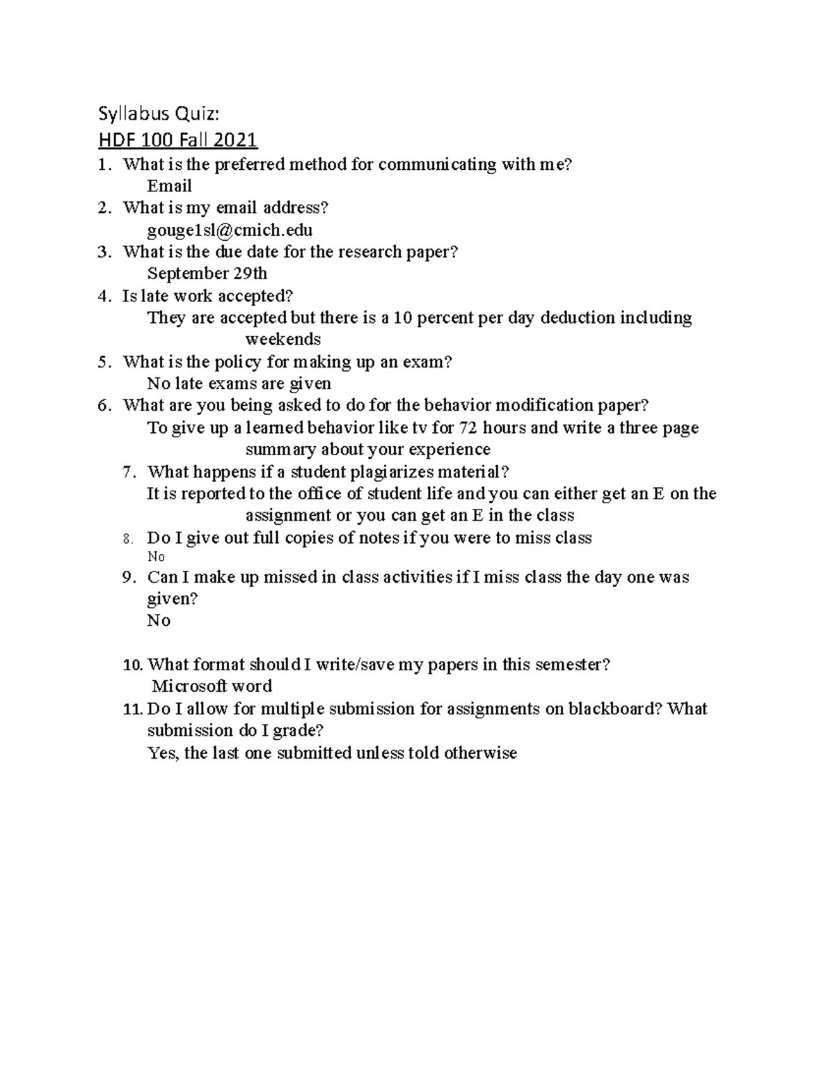 Syllabus Quiz Questions Examples