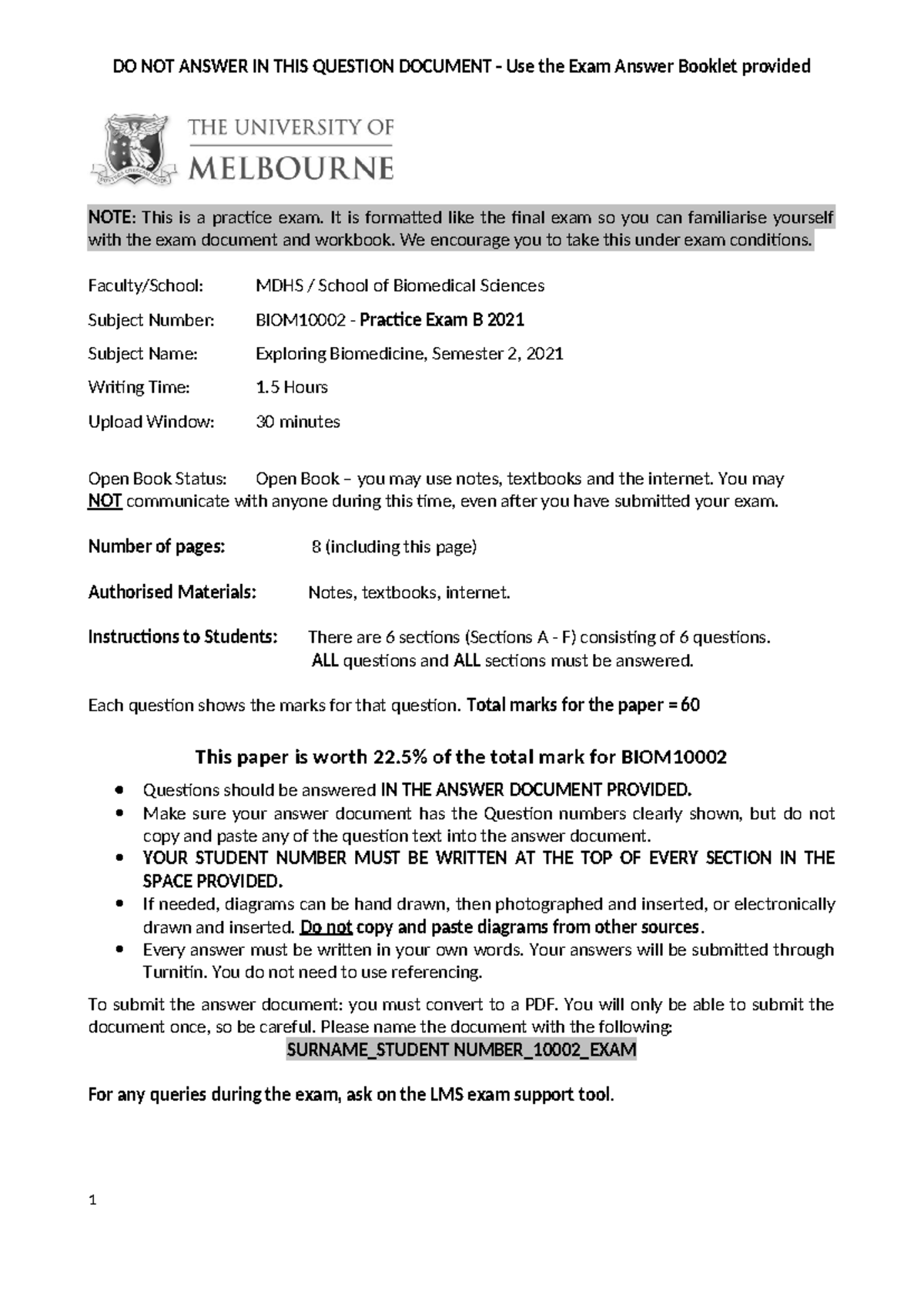 BIOM10002 Practice Exam Question Document - NOTE: This is a practice ...