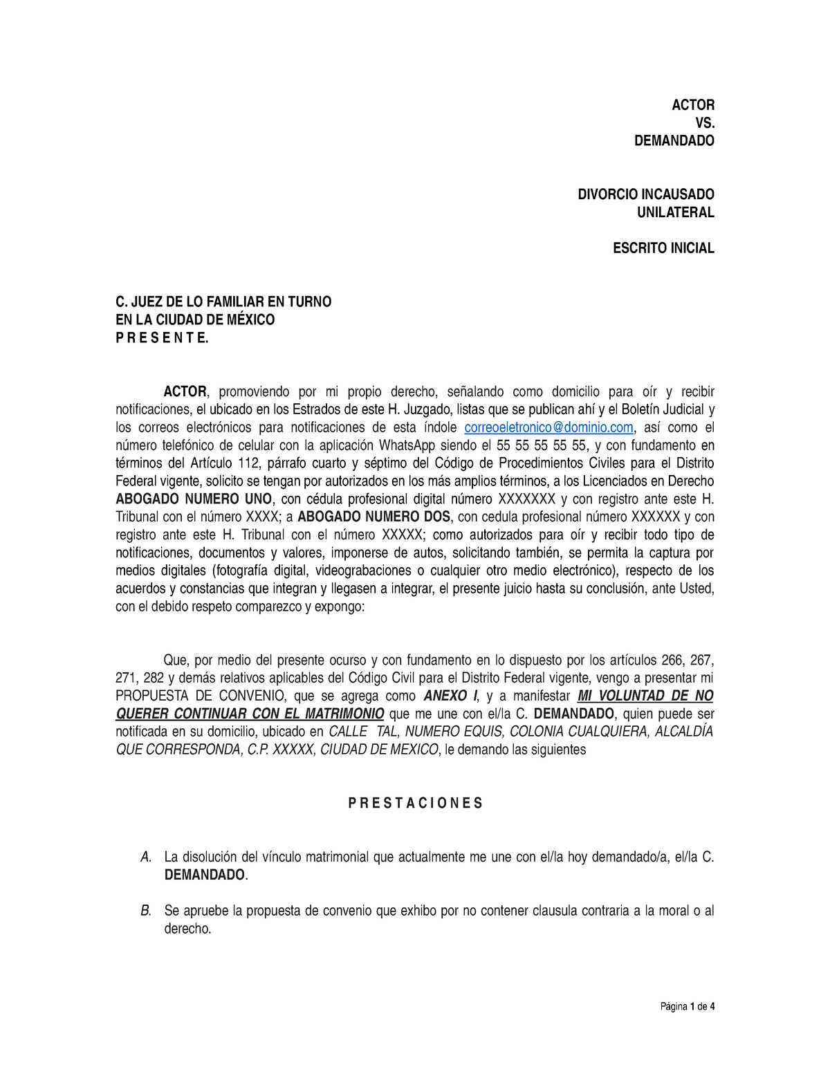 Escrito Inicial Divorcio Incausado CDMX 2021 - Práctica Forense de Derecho  Civil - Studocu
