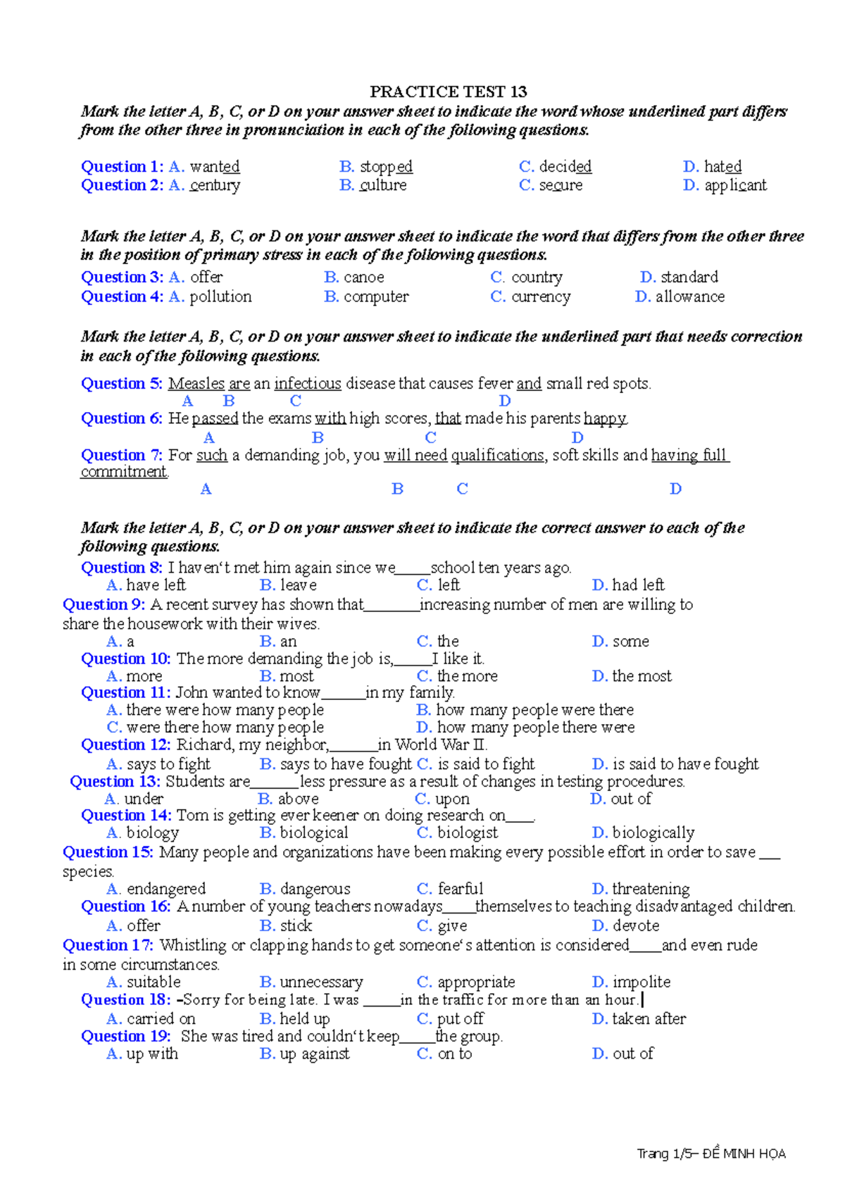 Practice TEST 13 - PRACTICE TEST 13 Mark The Letter A, B, C, Or D On ...