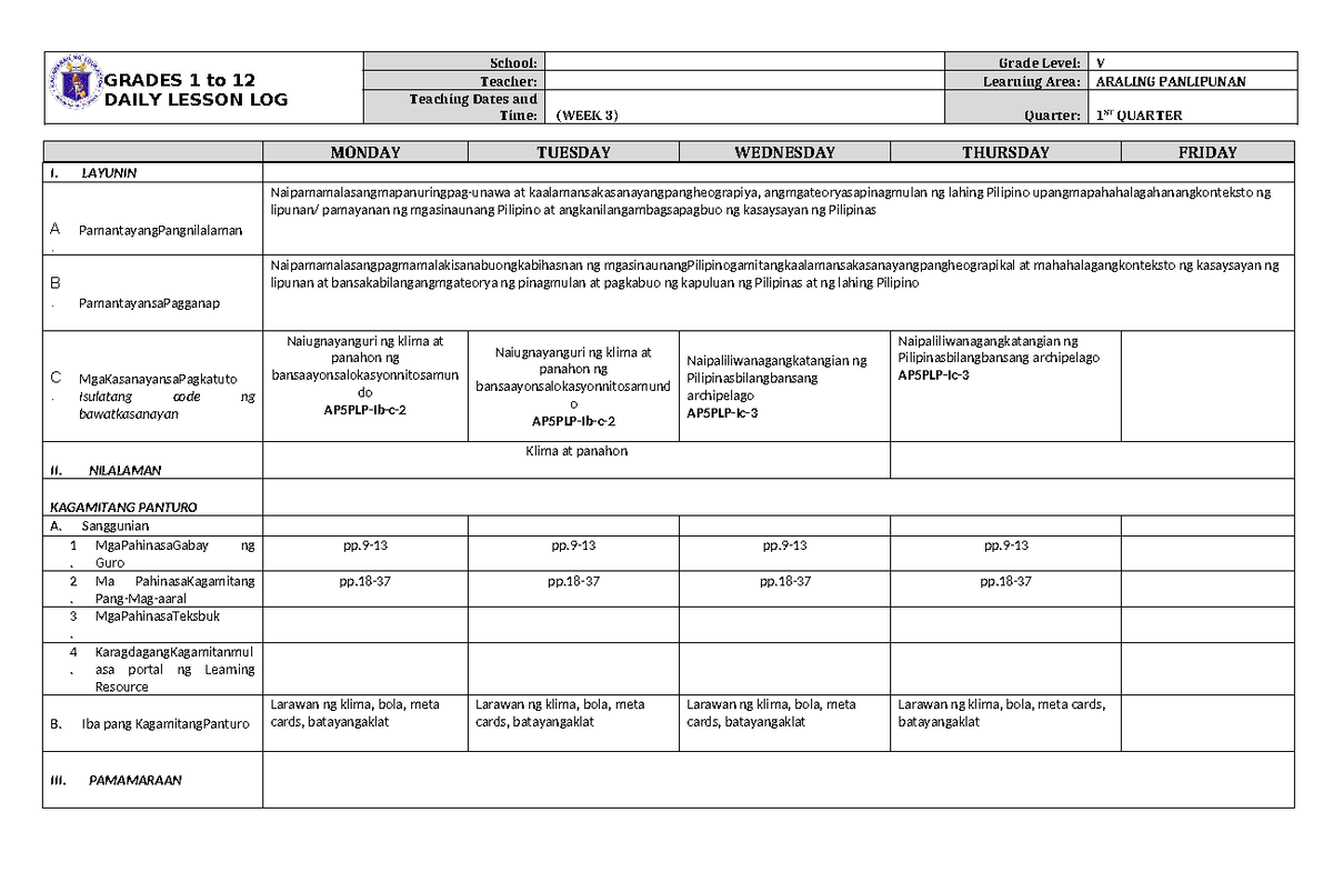 DLL Araling Panlipunan 5 Q1 W3 - GRADES 1 to 12 DAILY LESSON LOG School ...