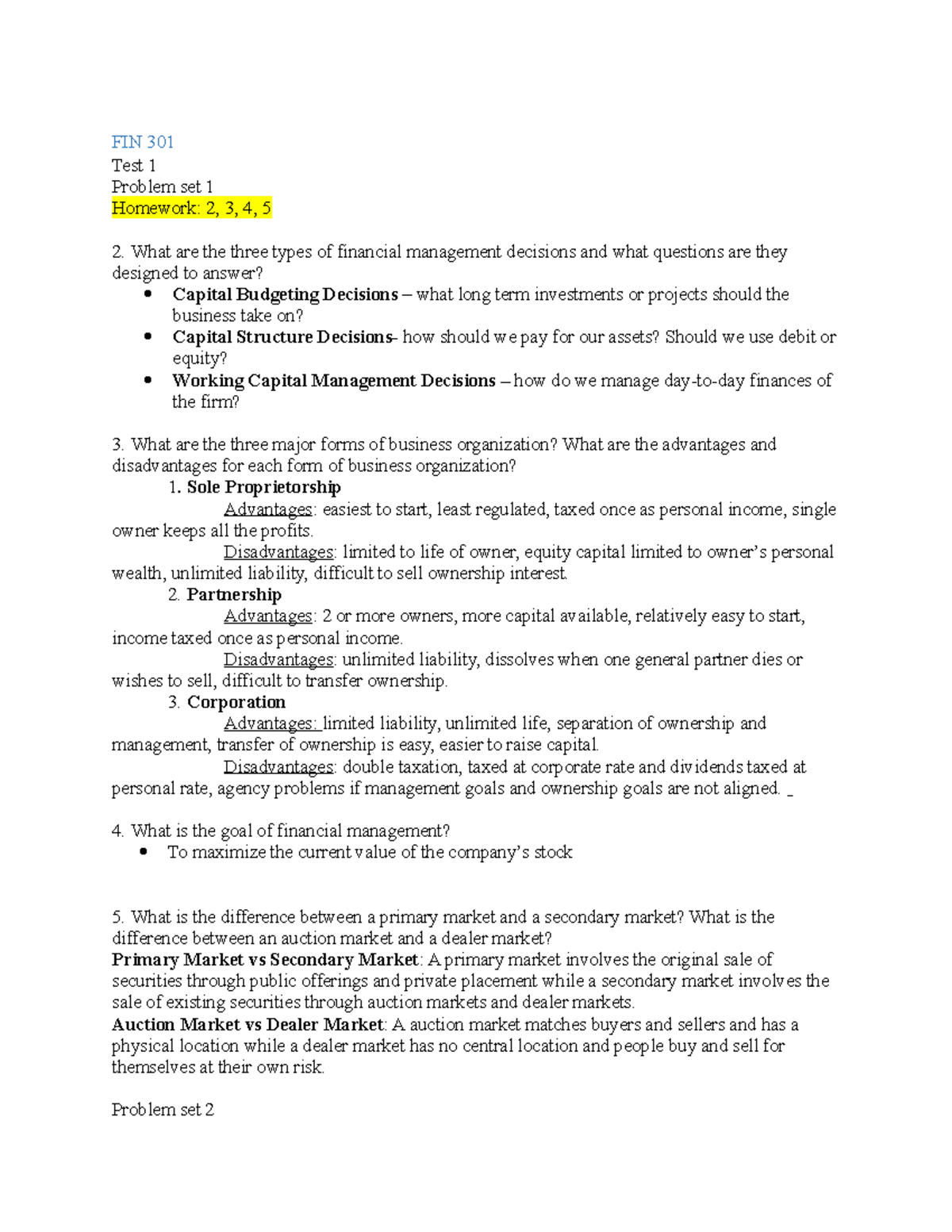 FIN 301 Homework 1 Worksheet - FIN 301 Test 1 Problem Set 1 Homework: 2 ...