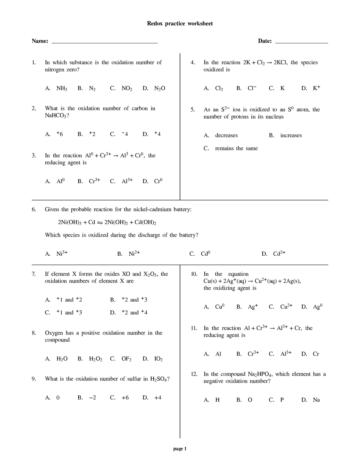Redox reactions worksheet - CHEM 24 - General Chemistry I - Yale Throughout Oxidation Reduction Worksheet Answers