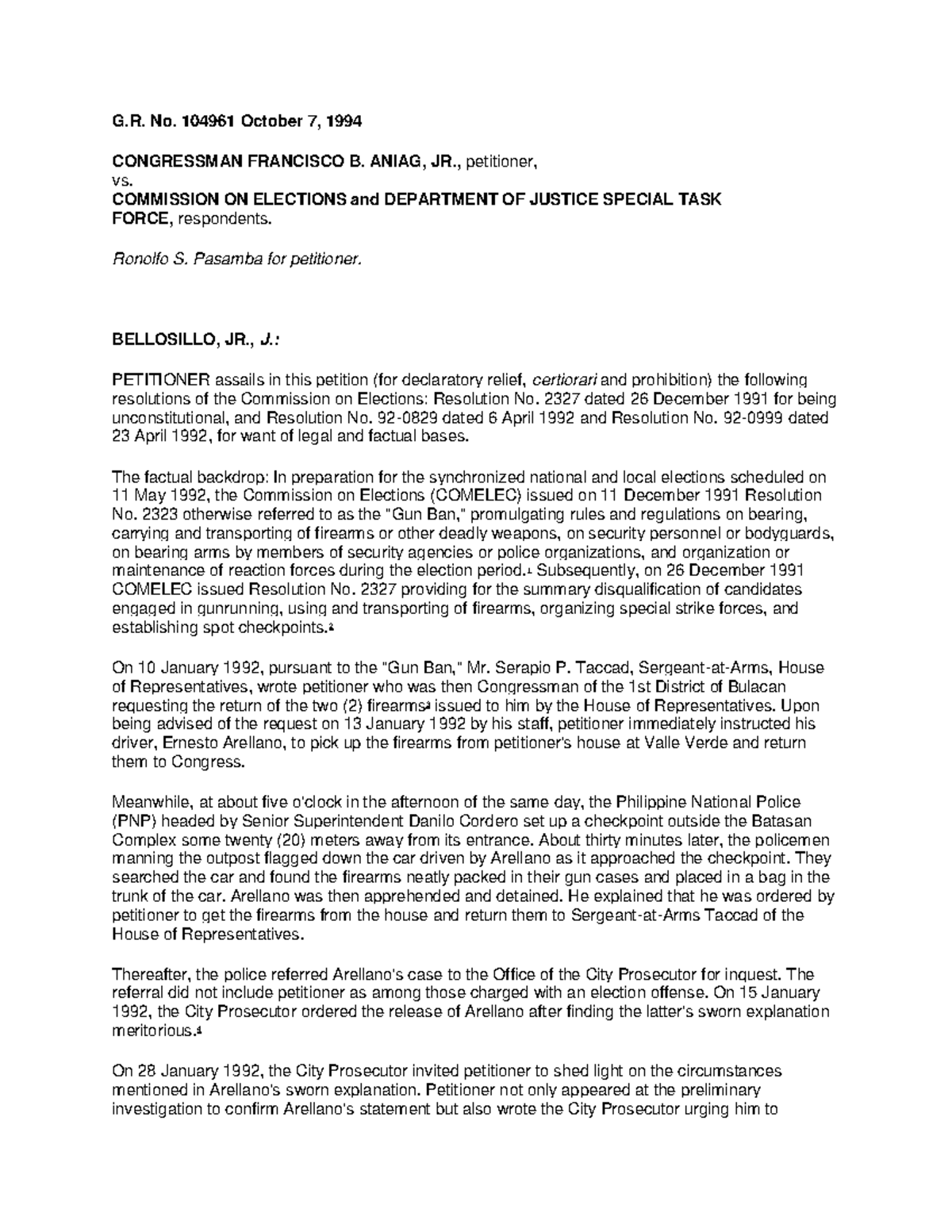 5. Aniag Vs Comelec - Case - G. No. 104961 October 7, 1994 Congressman 