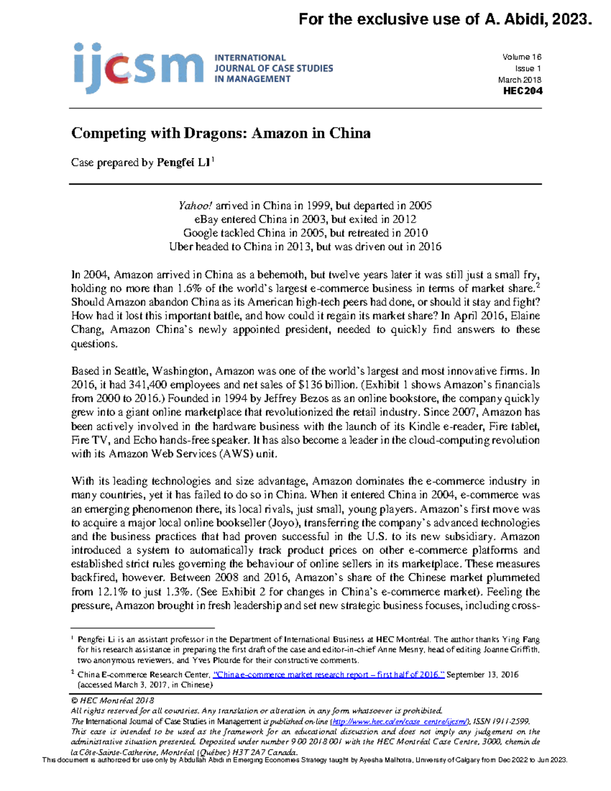 Amazon China CASE notes © HEC Montréal 2018 All rights reserved for
