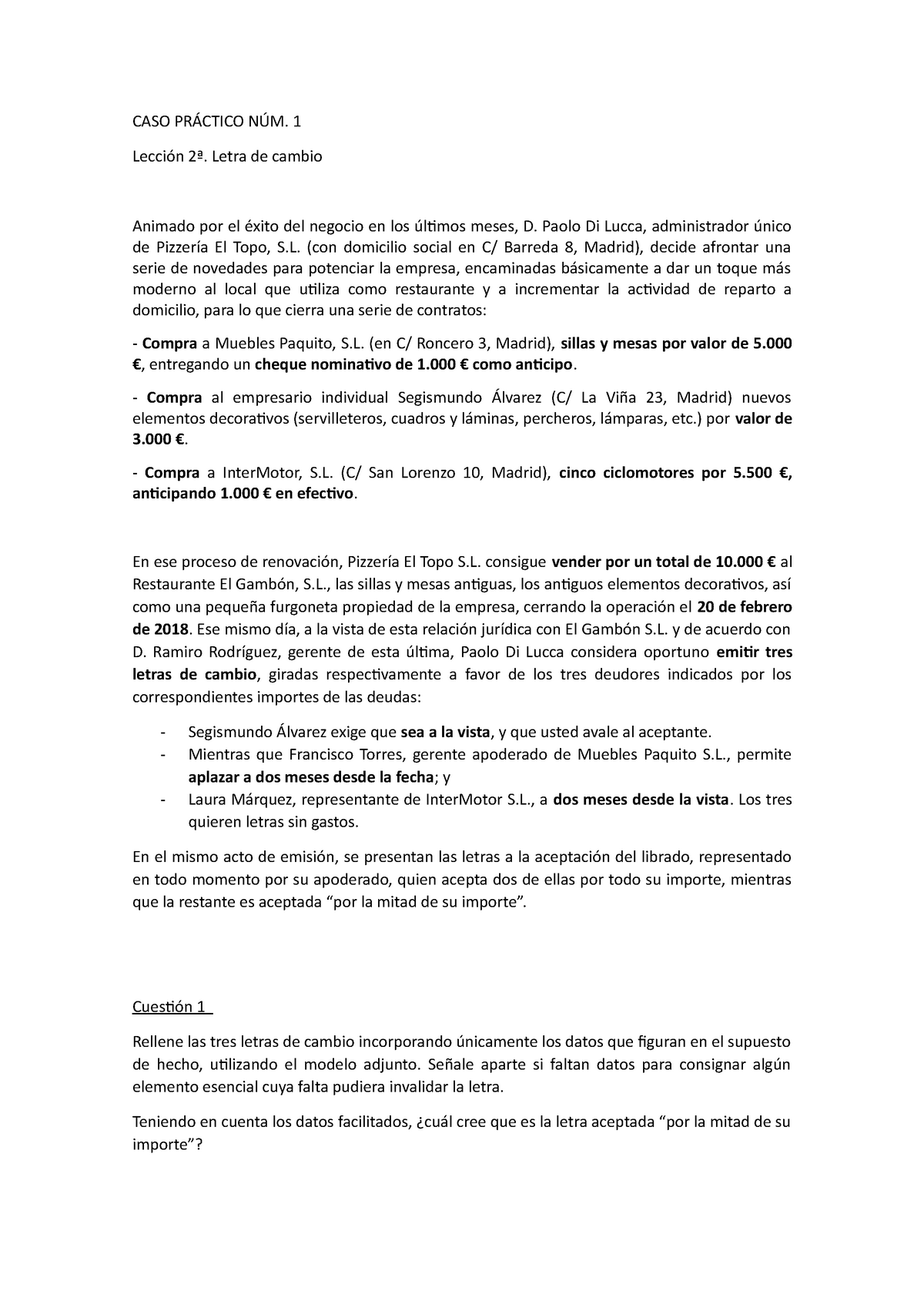 Caso práctico núm. 1 - Letra de cambio - CASO PRÁCTICO NÚM. 1 Lección ...