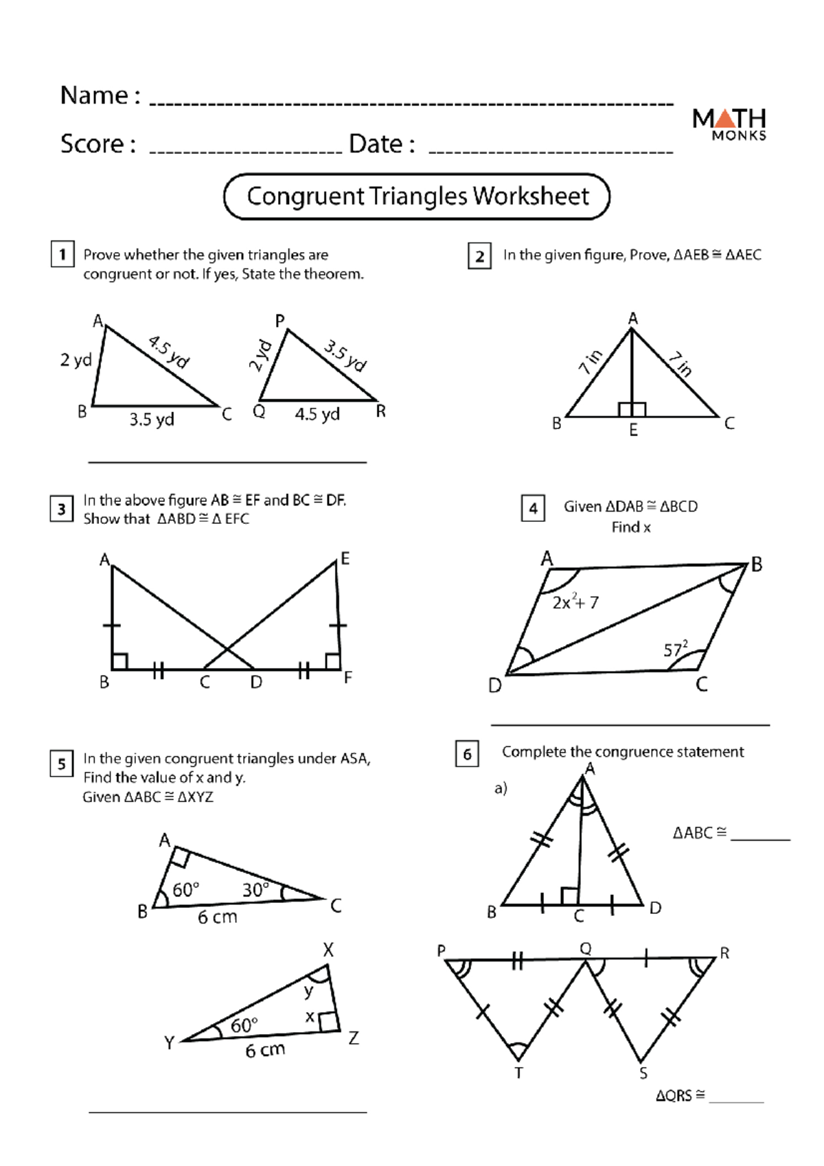 Congruent Triangles Worksheet Grade 7 - BS Secondary Education - Studocu