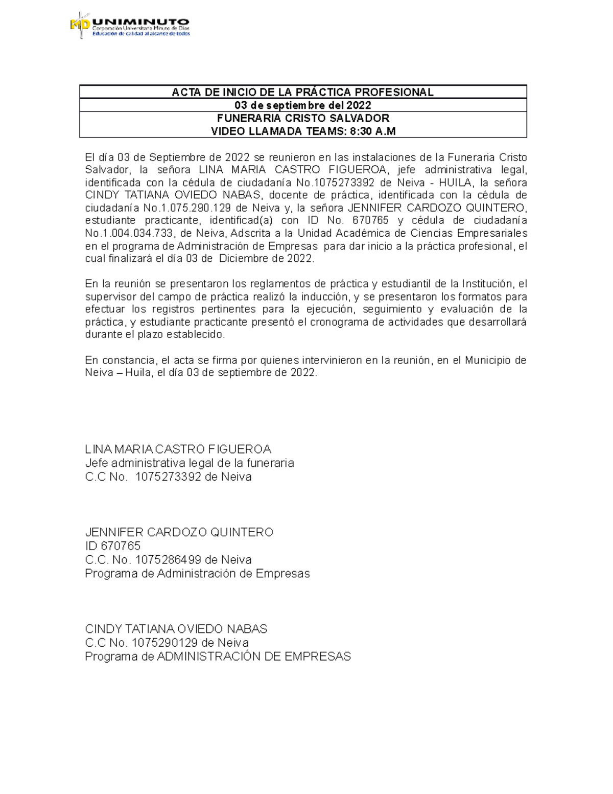 ACTA DE Inicio DE LA Práctica Profesional jennifer - ACTA DE INICIO DE ...