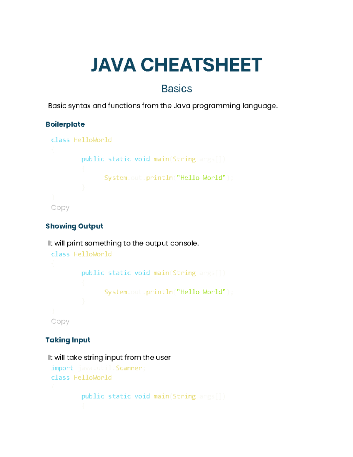 Document - Coding notes for computer. - JAVA CHEATSHEET Basics Basic ...