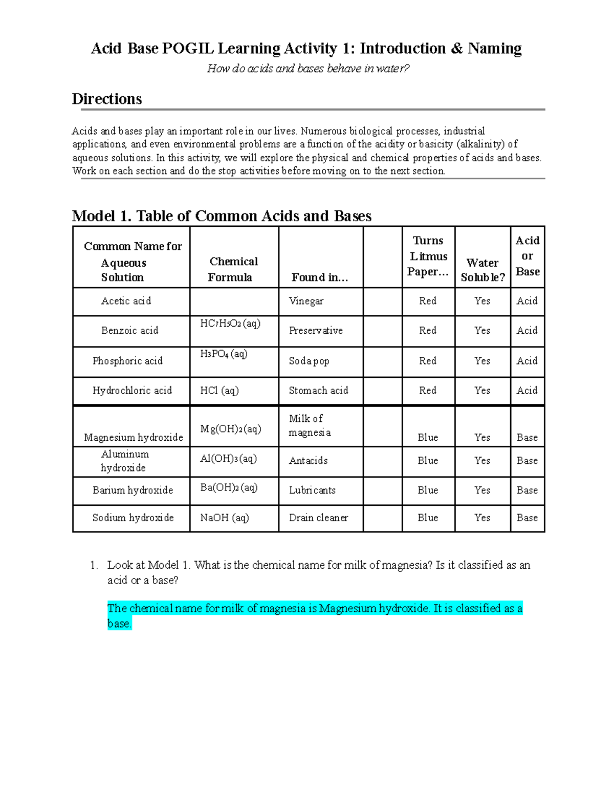 Acids and bases pogils - Acid Base POGIL Learning Activity 1 ...