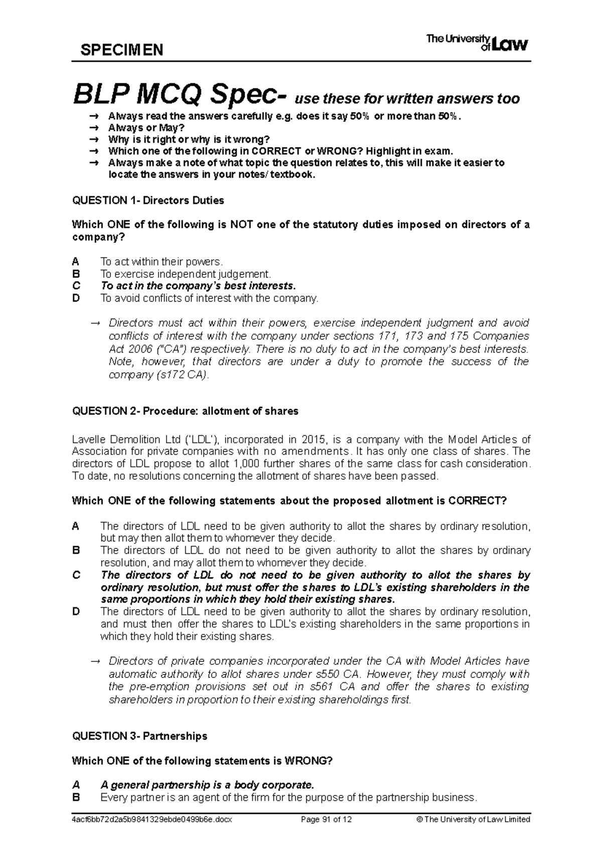 A Print BLP MCQ SPEC - BLP MCQs From The Specimen Exams With Written ...