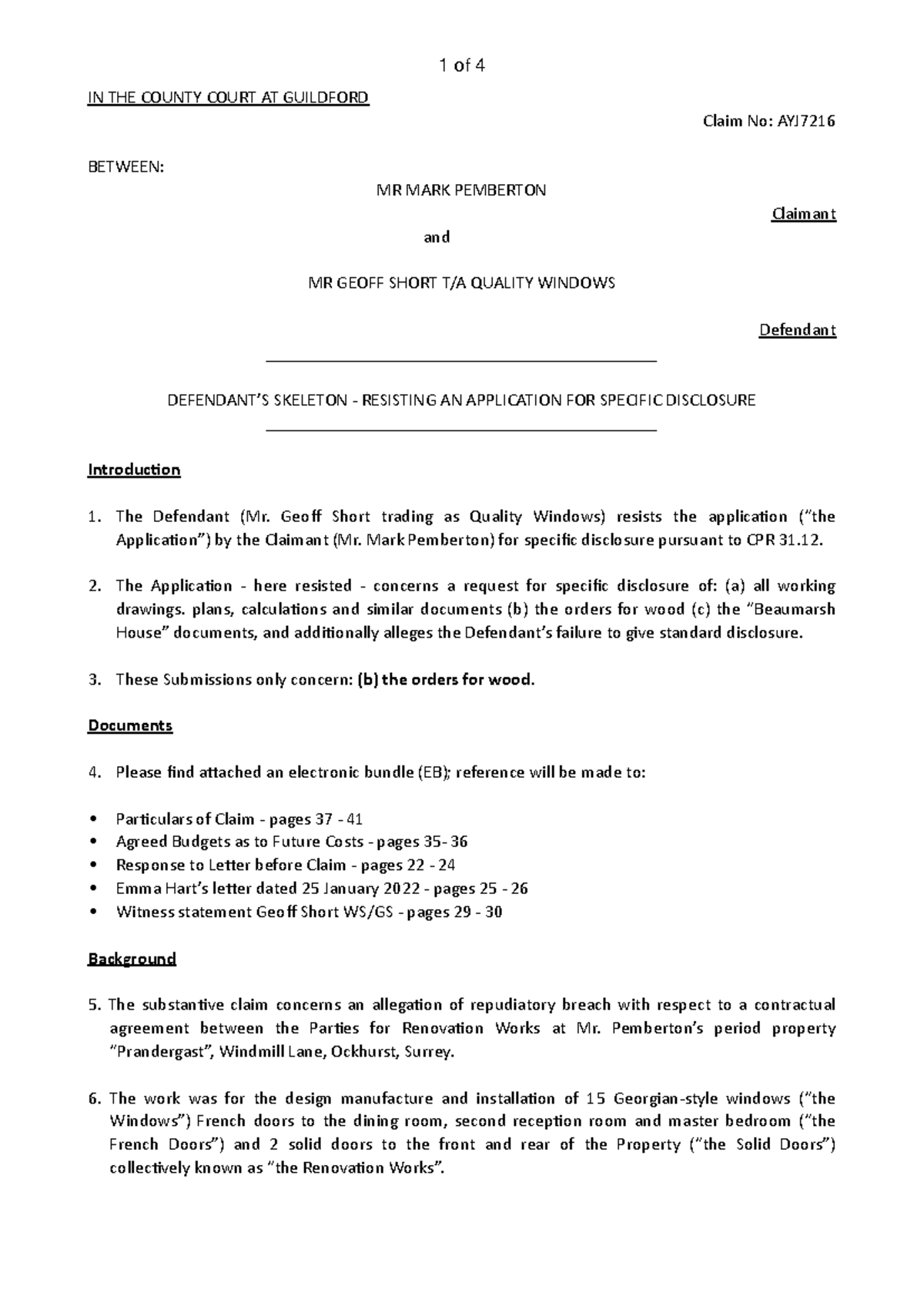 Skeleton argument specific disclosure I - IN THE COUNTY COURT AT ...