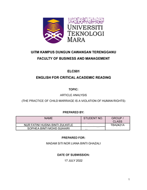 ELC501 Written Article Analysis - English For Critical Academic Reading ...