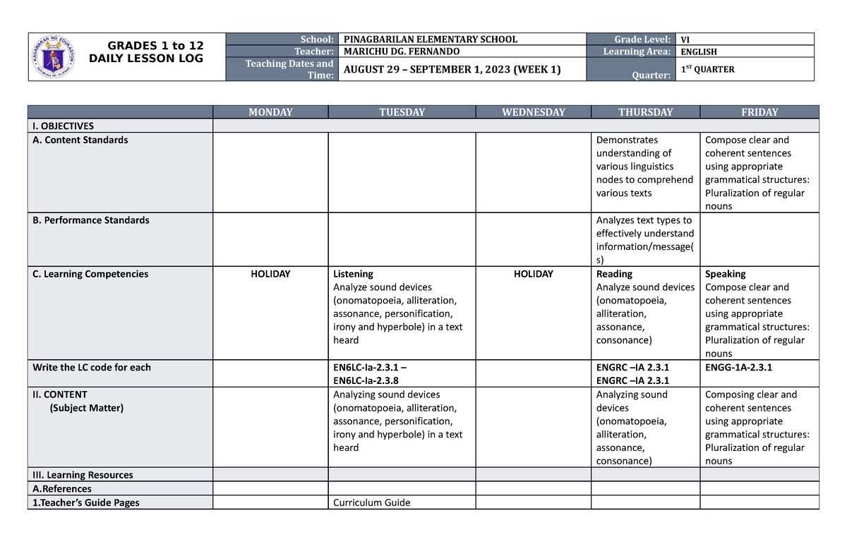 DLL Grade 6 Q1 W1 - DLL - GRADES 1 To 12 DAILY LESSON LOG School ...