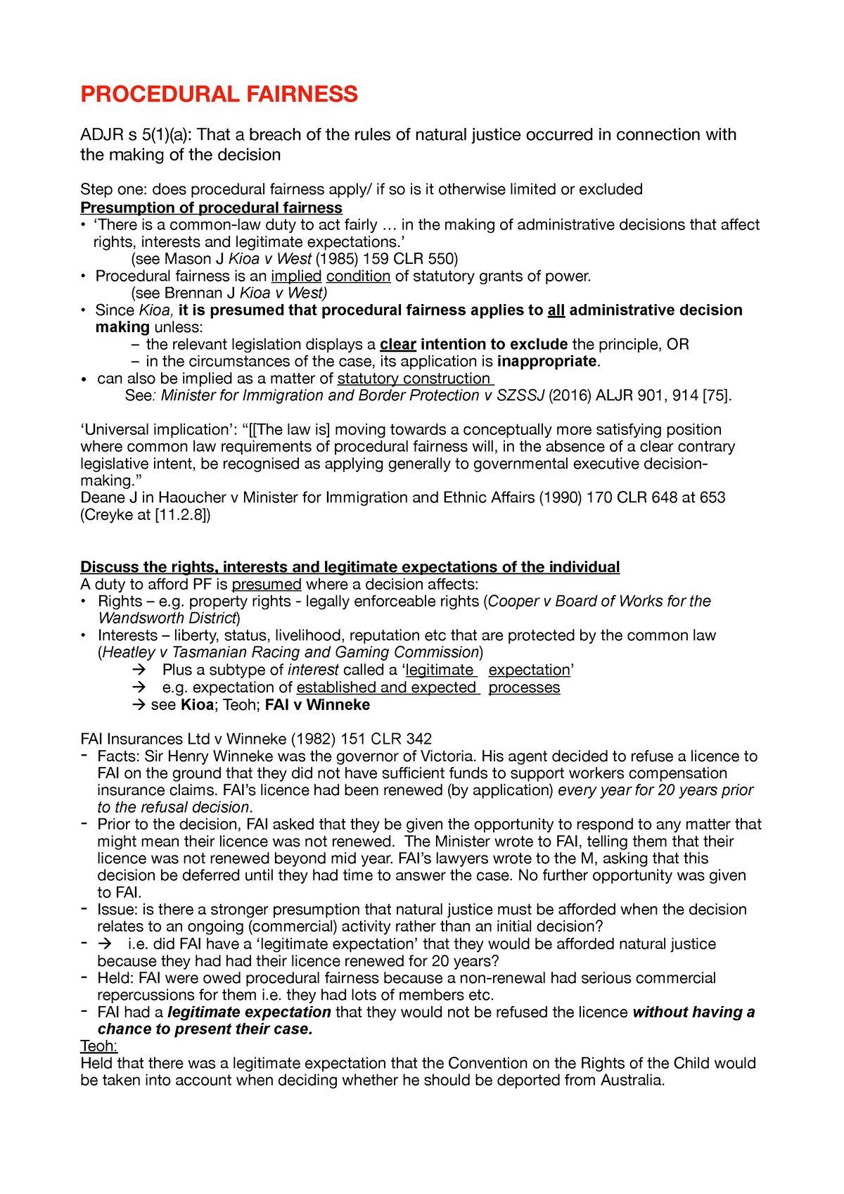 Admin EXAM Notes - PROCEDURAL FAIRNESS ADJR S 5(1)(a): That A Breach Of ...