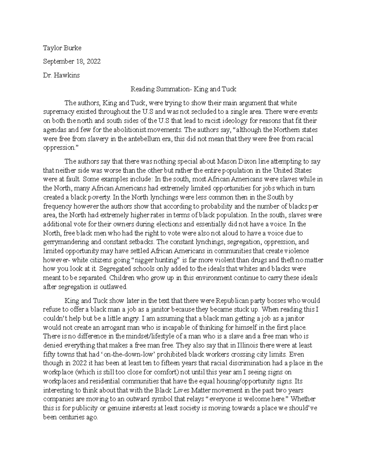 Reading Summation- King and Tuck - Taylor Burke September 18, 2022 Dr ...
