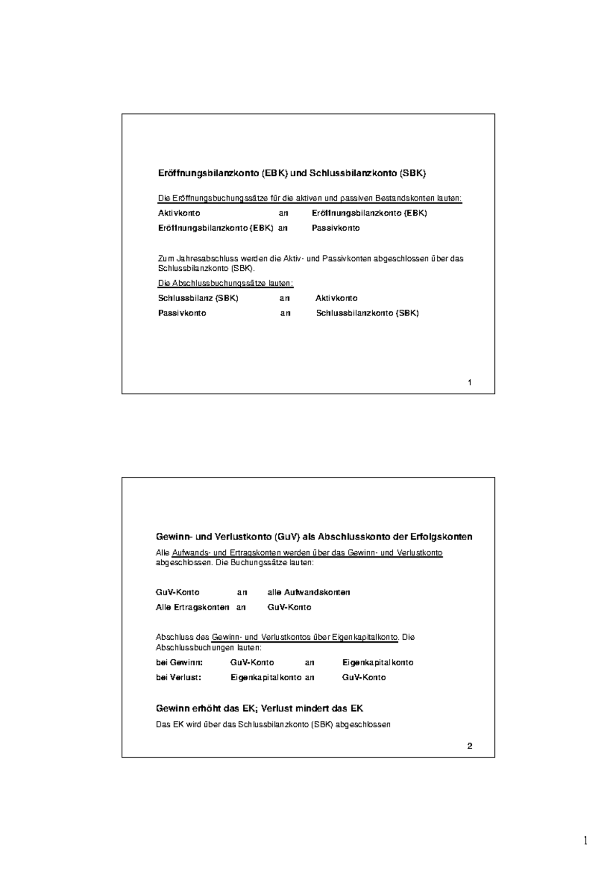 Grundlegende Abschlussbuchungen 1 Er ffnungsbilanzkonto EBK Und 