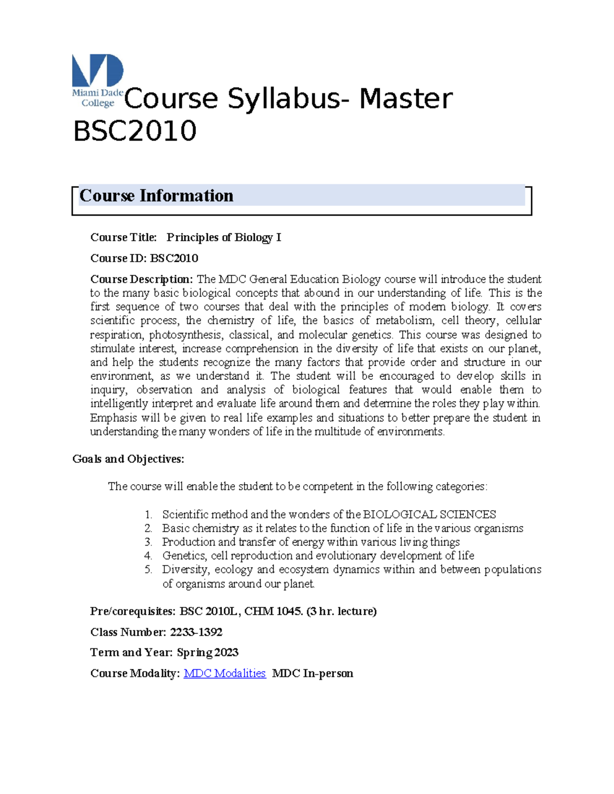 BSC2010 Master Syllabus -16 Week V1 Wolfson Enrique Salero - Course ...