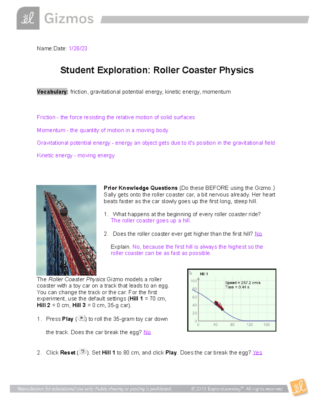 Roller Coaster Physics Gizmo - Name:Date: 1/26/ Student Exploration ...