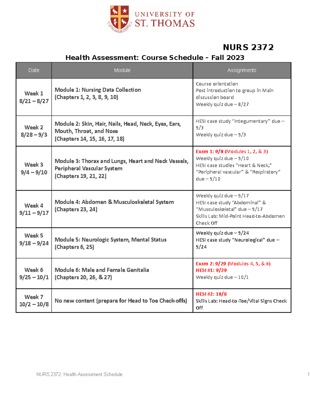 Health Assessment Course Schedule Fall 2023 NURS 2372 Health